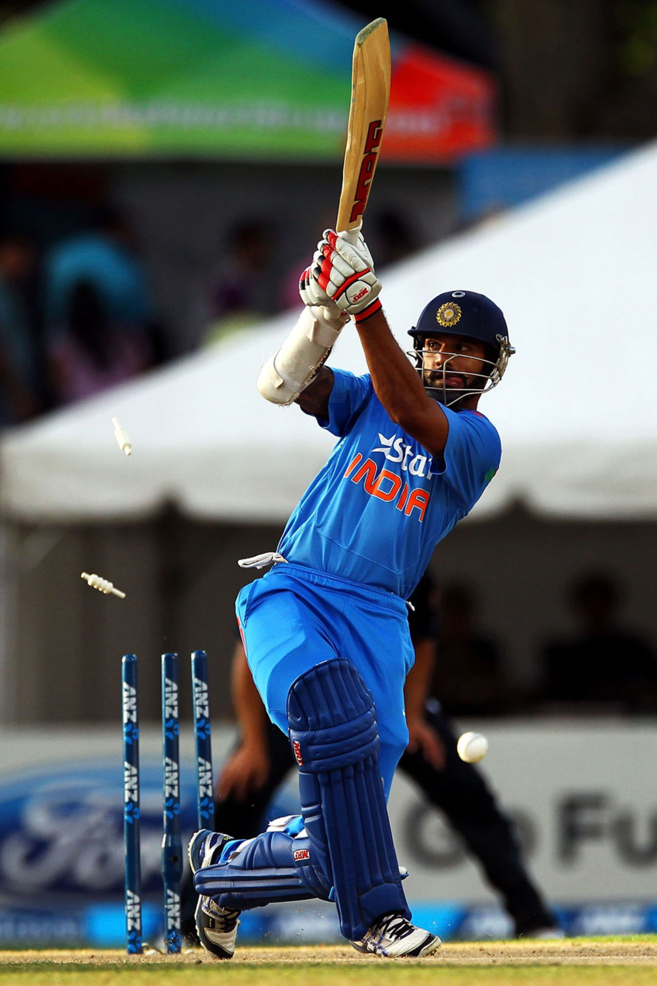 Shikhar Dhawan was bowled by Tim Southee for 12, New Zealand v India, 2nd ODI, Hamilton, January 22, 2014