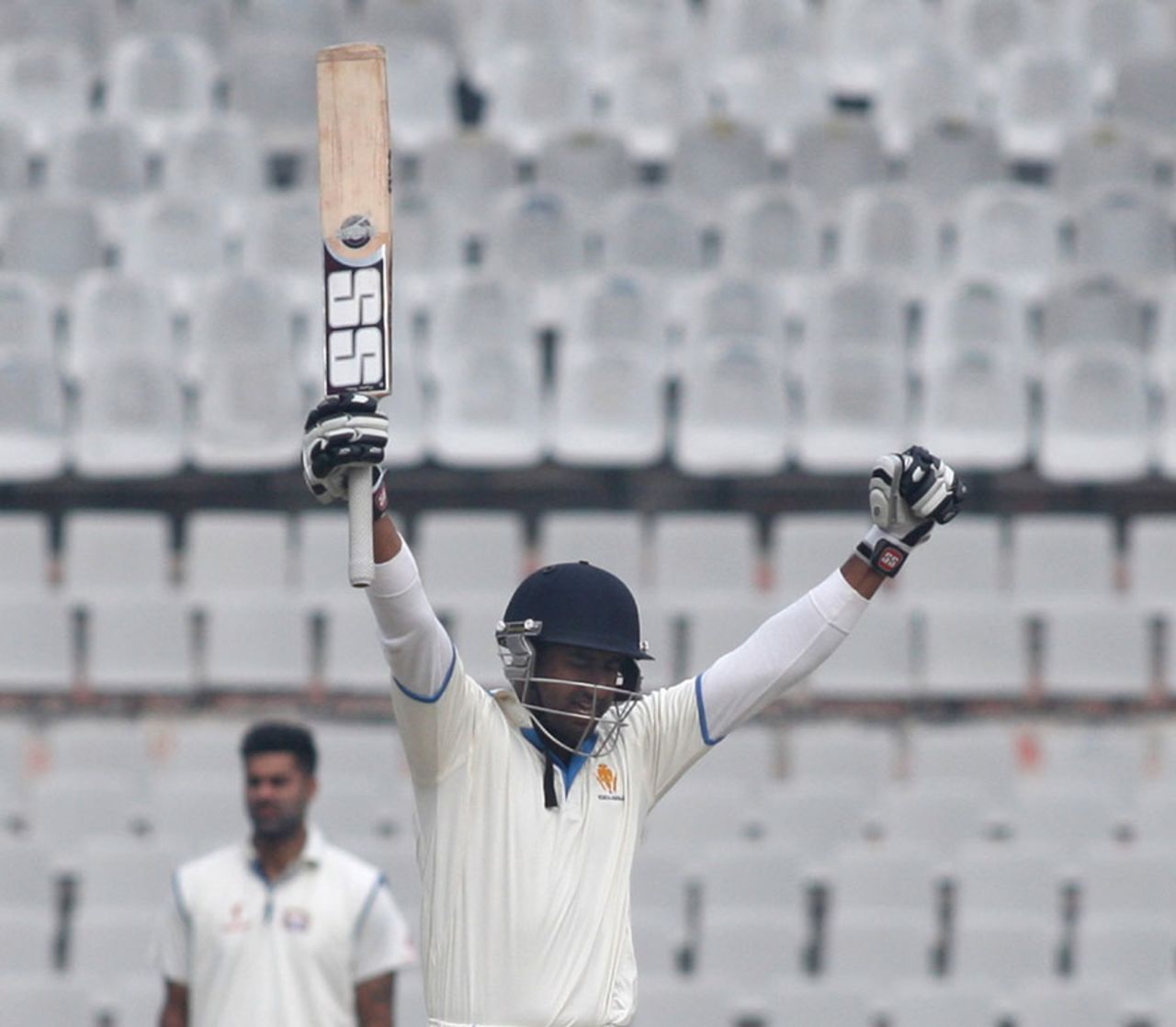 Amit Verma is delighted after his century, Punjab v Karnataka, Ranji Trophy semi-final, 4th day, Mohali, January 21, 2014