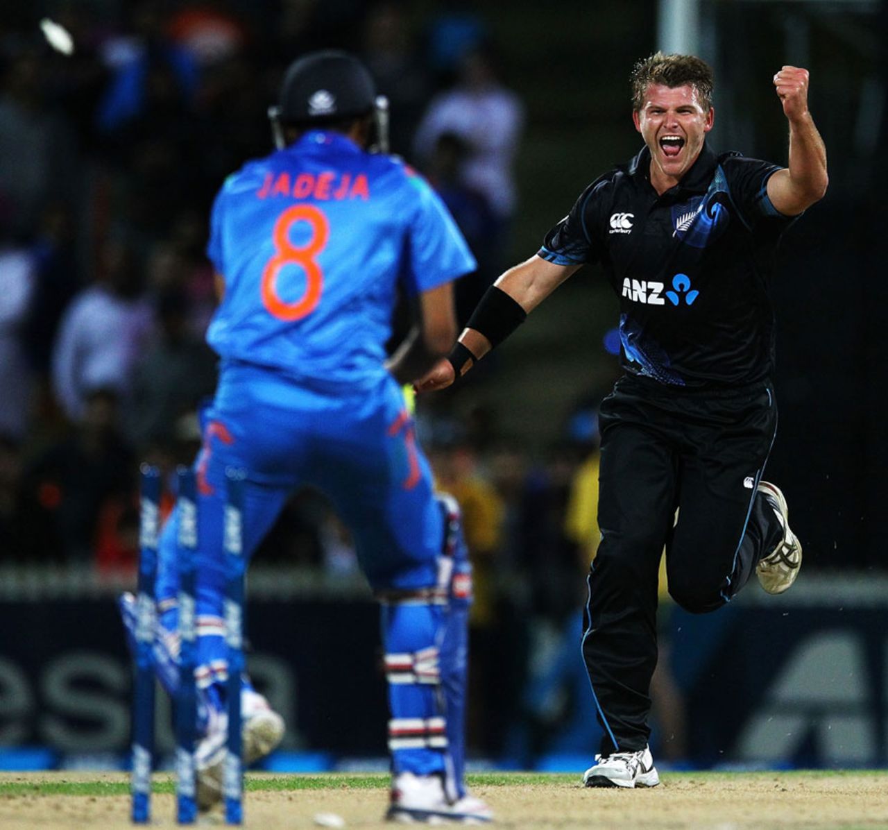 Corey Anderson exults after bowling Ravindra Jadeja out for 12, New Zealand v India, 2nd ODI, Hamilton, January 22, 2014