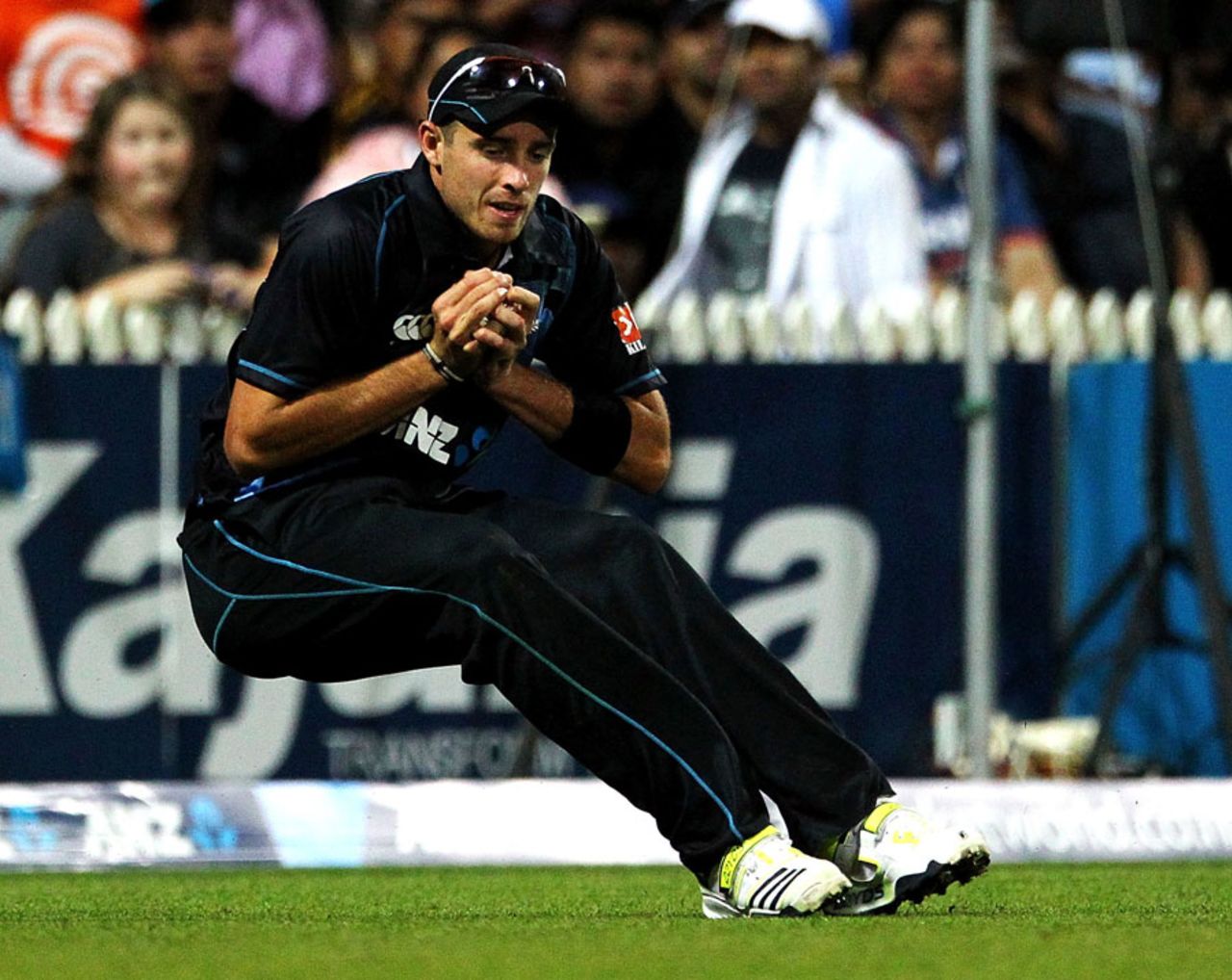 Tim Southee gets under a catch to dismiss Suresh Raina for 35, New Zealand v India, 2nd ODI, Hamilton, January 22, 2014