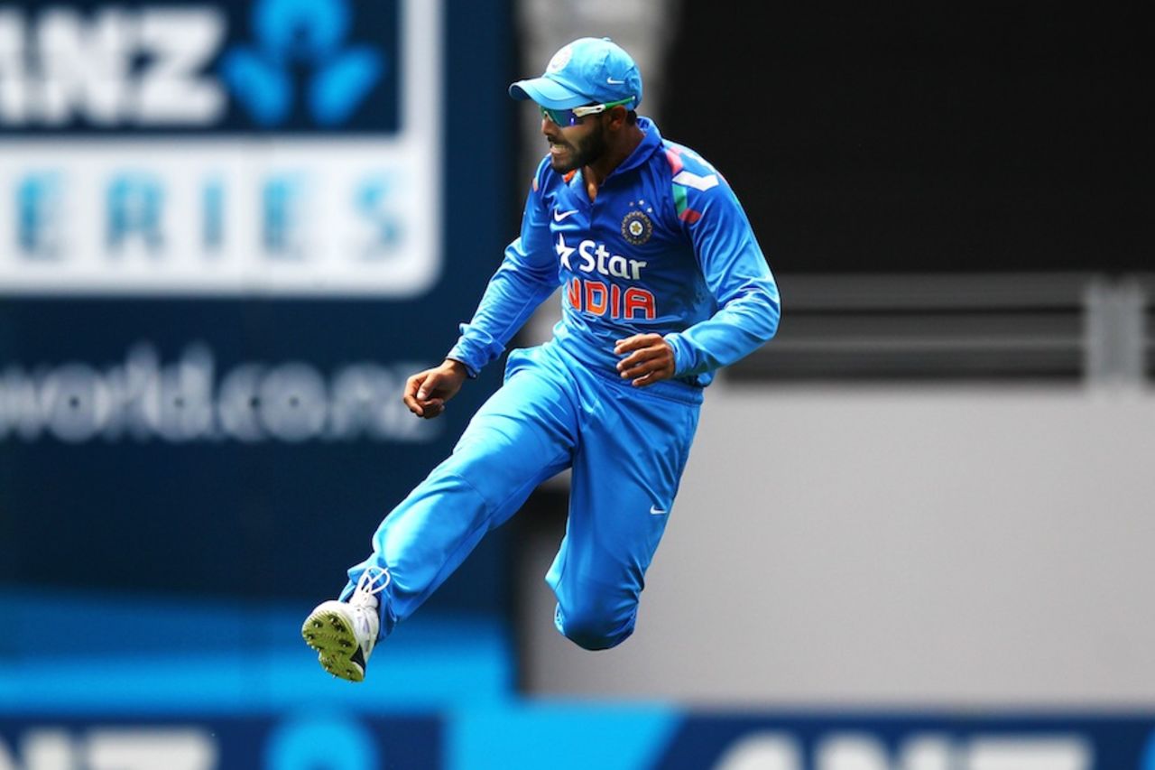 Ravindra Jadeja is airborne while fielding, New Zealand v India, 3rd ODI, Auckland, January 25, 2014