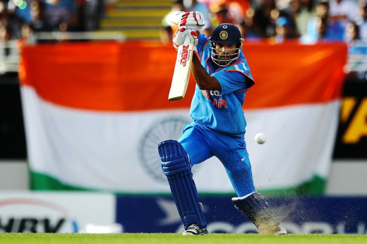 Shikhar Dhawan drives square of the wicket, New Zealand v India, 3rd ODI, Auckland, January 25, 2014