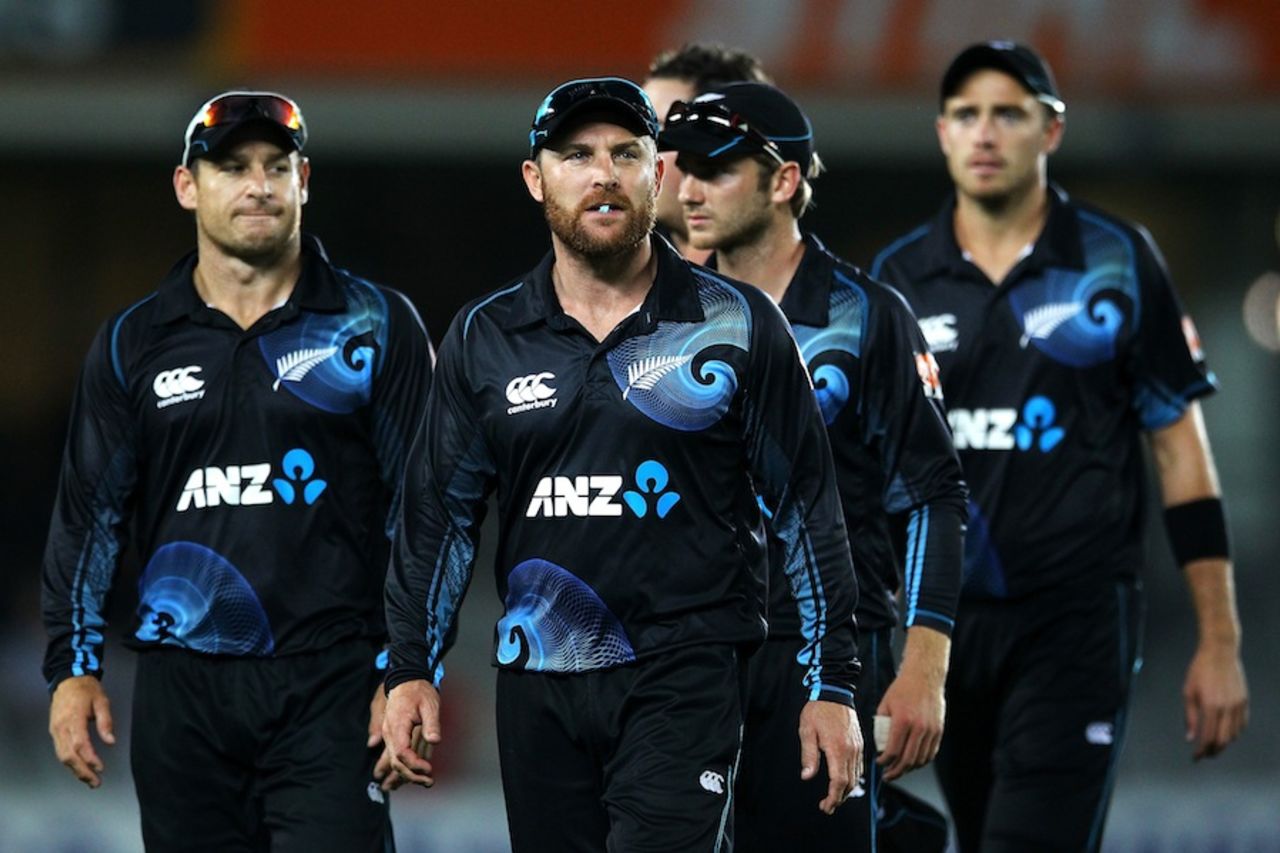 Brendon McCullum leads his team off after the tie, New Zealand v India, 3rd ODI, Auckland, January 25, 2014