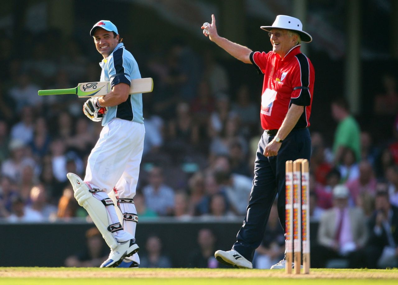 Sir Michael Parkinson umpires at a charity match, Sydney, February 22, 2009