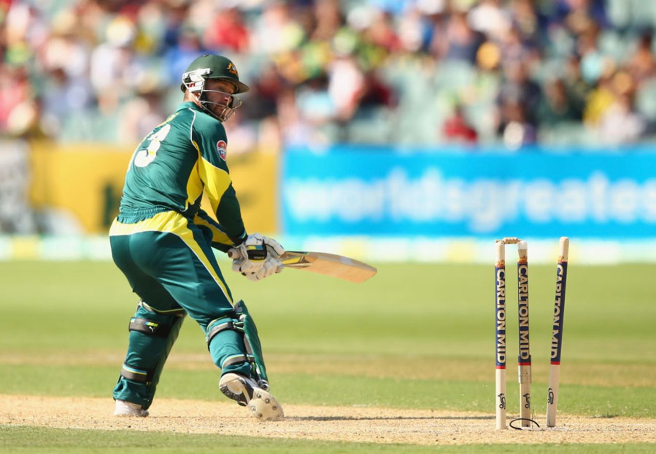 Matthew Wade was bowled around his legs, Australia v England, 5th ODI, Adelaide, January 26, 2014