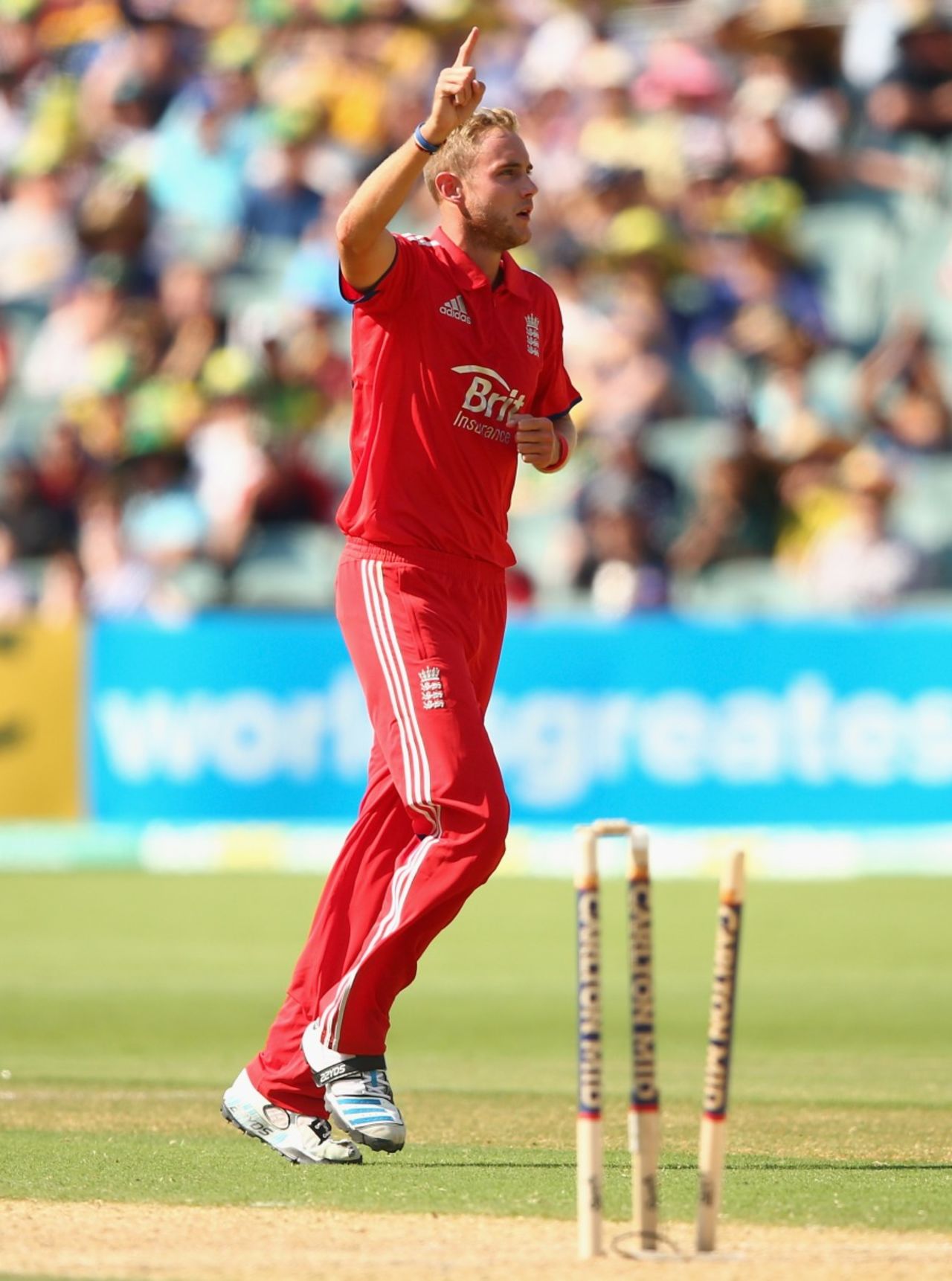 Stuart Broad celebrates after bowling Matthew Wade, Australia v England, 5th ODI, Adelaide, January 26, 2014