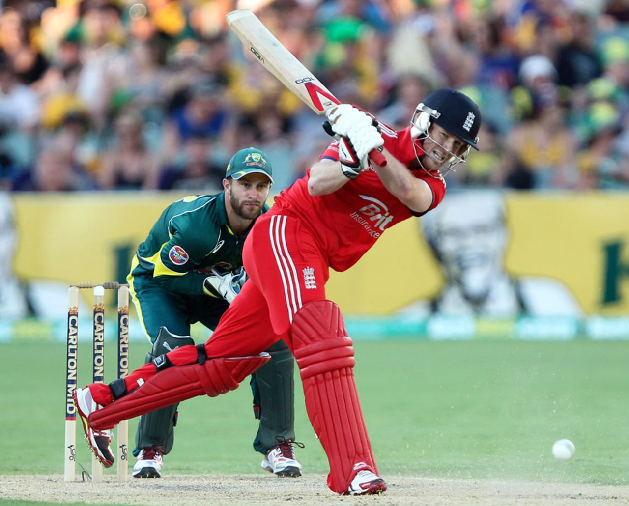 Eoin Morgan whips the ball down the ground, Australia v England, 5th ODI, Adelaide, January 26, 2014