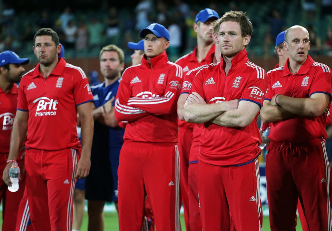 England's players look on during the presentations, Australia v England, 5th ODI, Adelaide, January 26, 2014