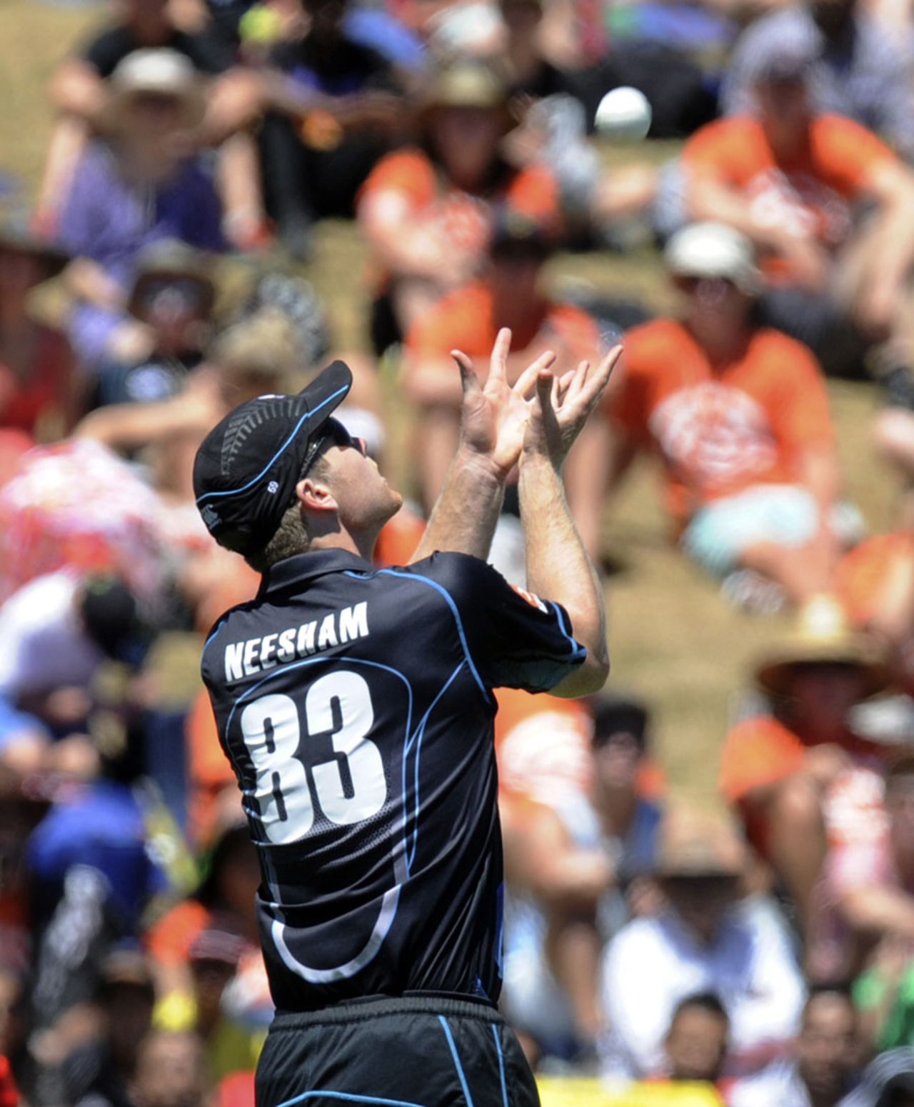 James Neesham takes the catch to dismiss Virat Kohli, New Zealand v India, 4th ODI, Hamilton, January 28, 2014