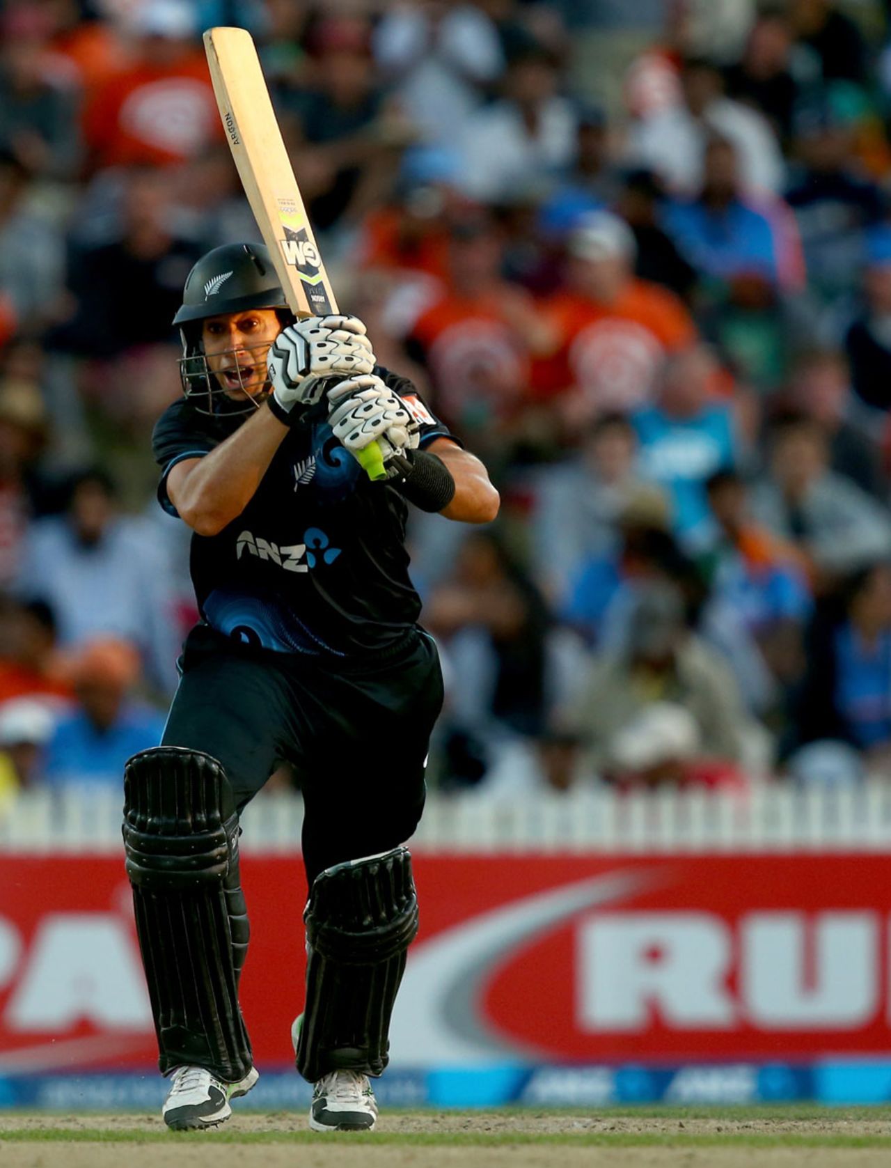 Ross Taylor drives down the ground, New Zealand v India, 4th ODI, Hamilton, January 28, 2014