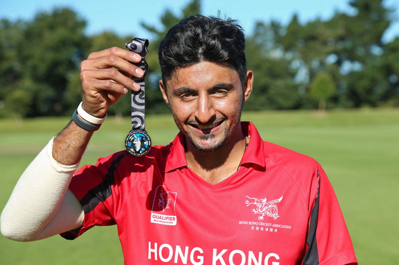 Nizakat Khan of Hong Kong poses with the Man of the Match award after the ICC Cricket World Cup Qualifier match between Namibia and Hong Kong at Mainpower Oval on January 28, 2014 in Rangiora, New Zealand.