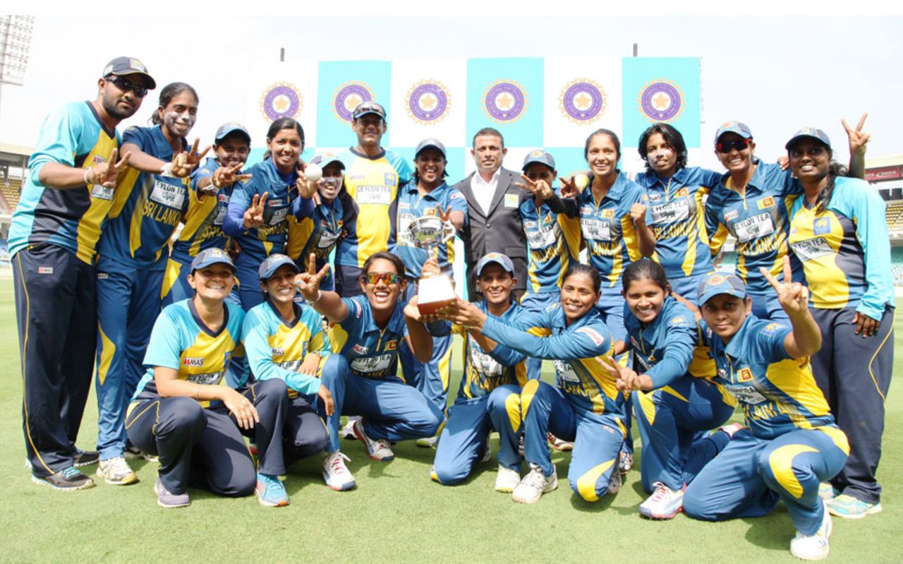 The victorious Sri Lanka team pose with the trophy, India v Sri Lanka, 3rd women's T20, Visakhapatnam, January 28, 2014