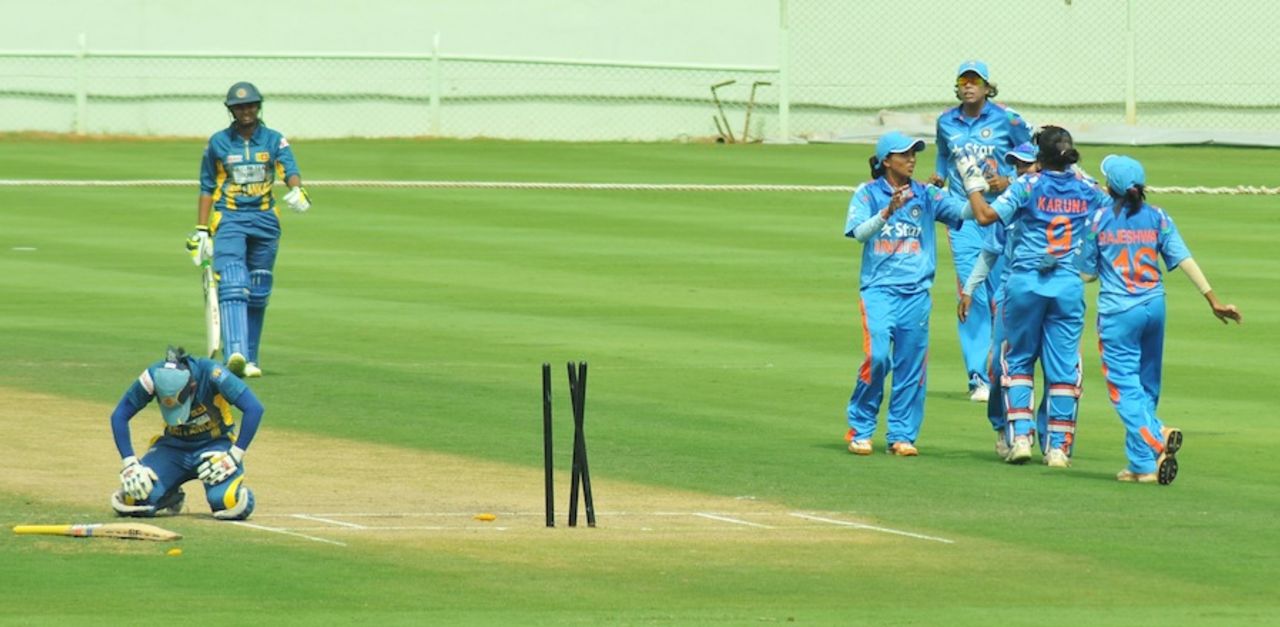 India players celebrate the run out of Deepika Rasangika, India v Sri Lanka, 3rd women's T20, Visakhapatnam, January 28, 2014