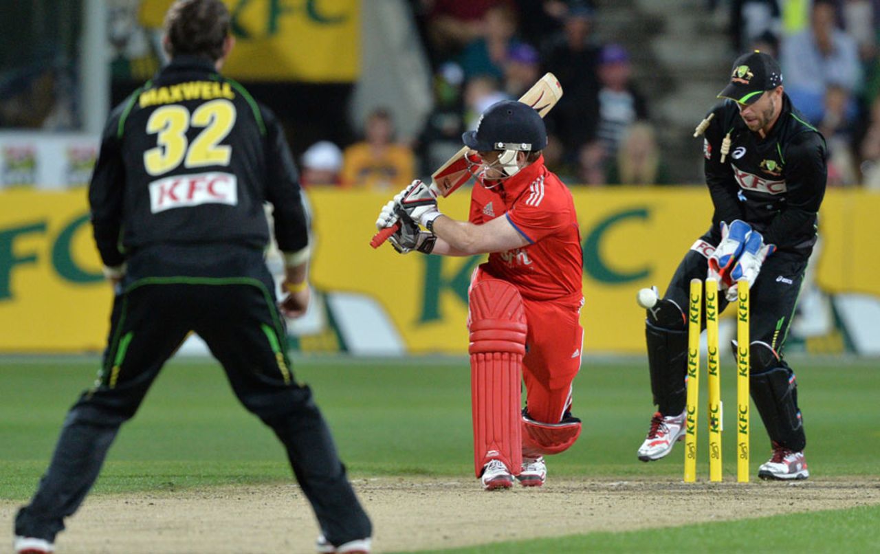 Eoin Morgan was bowled trying to slog-sweep, Australia v England, 1st Twenty20, Hobart, January 29, 2014