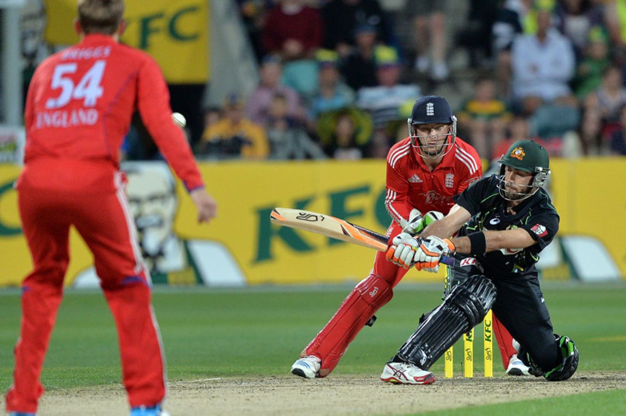 Glenn Maxwell unfurled an audacious reverse slog-sweep, Australia v England, 1st Twenty20, Hobart, January 29, 2014