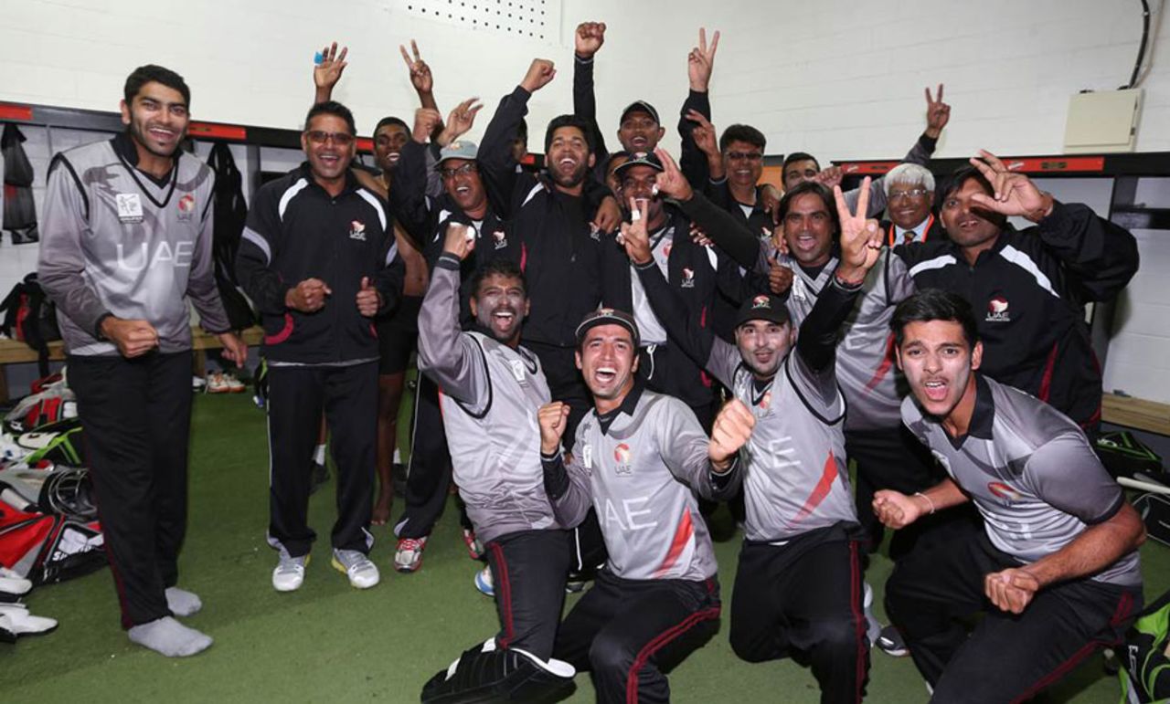 The UAE players celebrate after qualifying for the 2015 World Cup, Namibia v United Arab Emirates, World Cup Qualifiers, Super Sixes, Rangiora, January 30, 2014