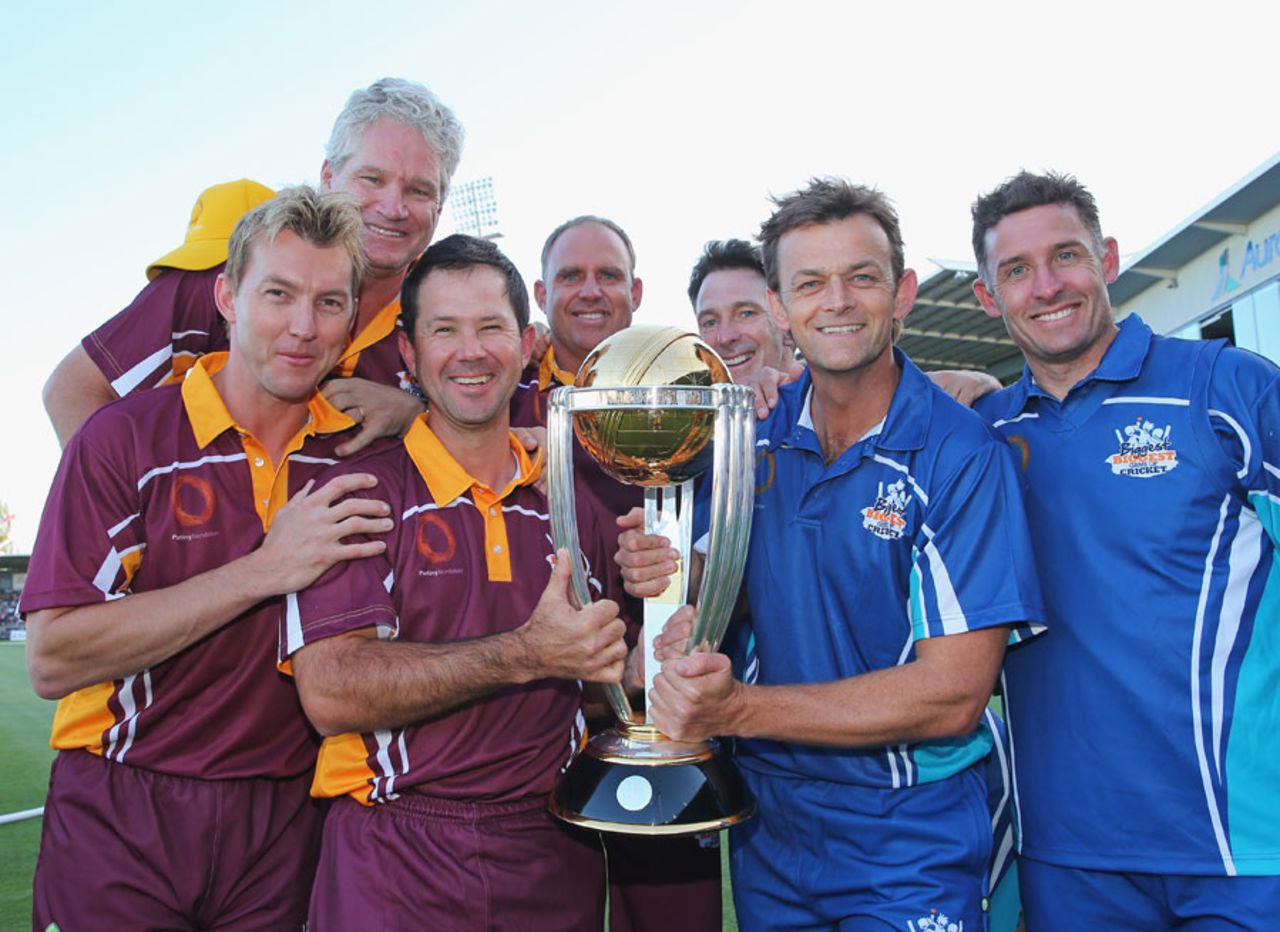 Australia's former World Cup winners pose with the trophy during the Ricky Ponting Tribute Match, Launceston, January 30, 2014