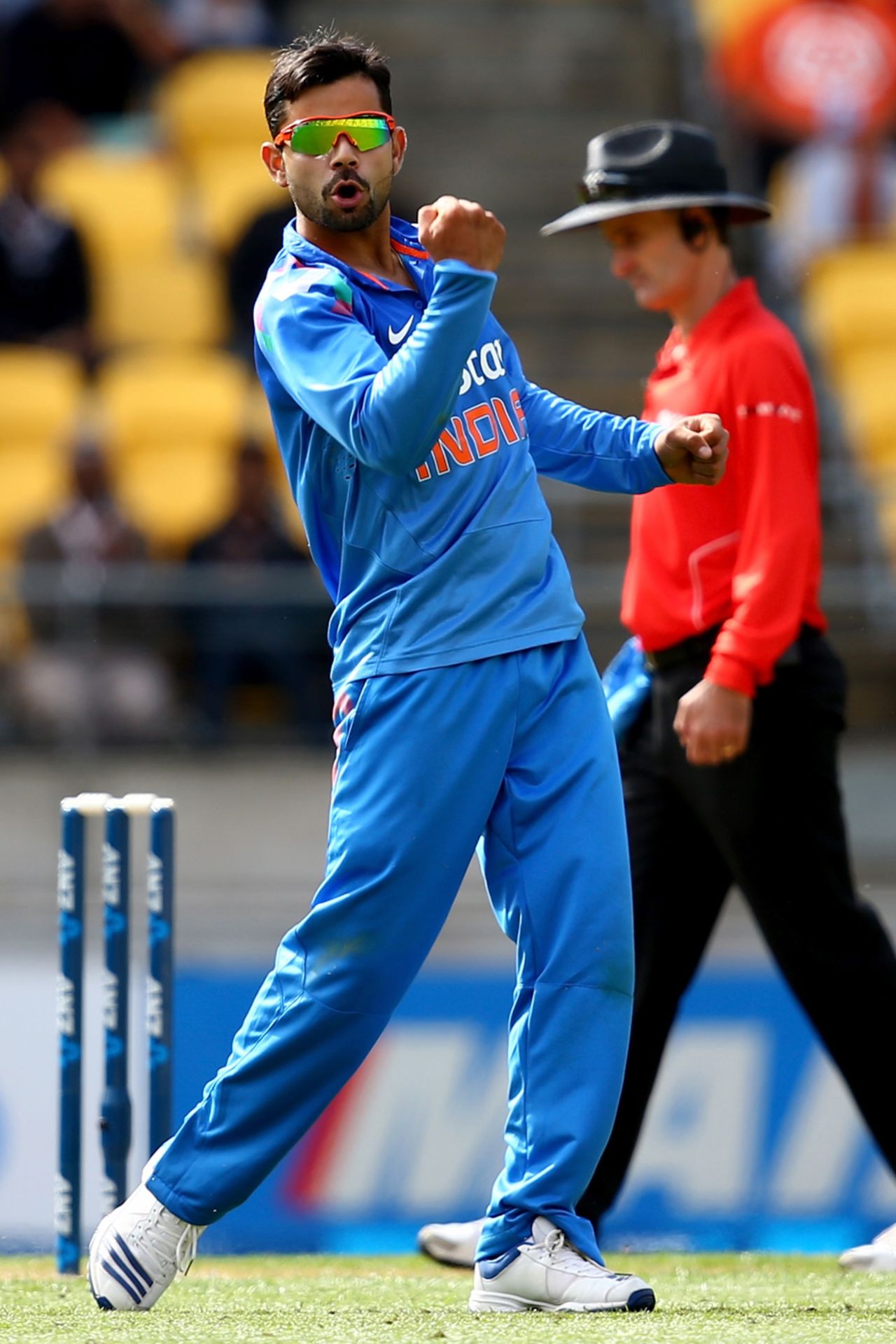 Virat Kohli celebrates dismissing Brendon McCullum, New Zealand v India, 5th ODI, Wellington, January 31, 2014