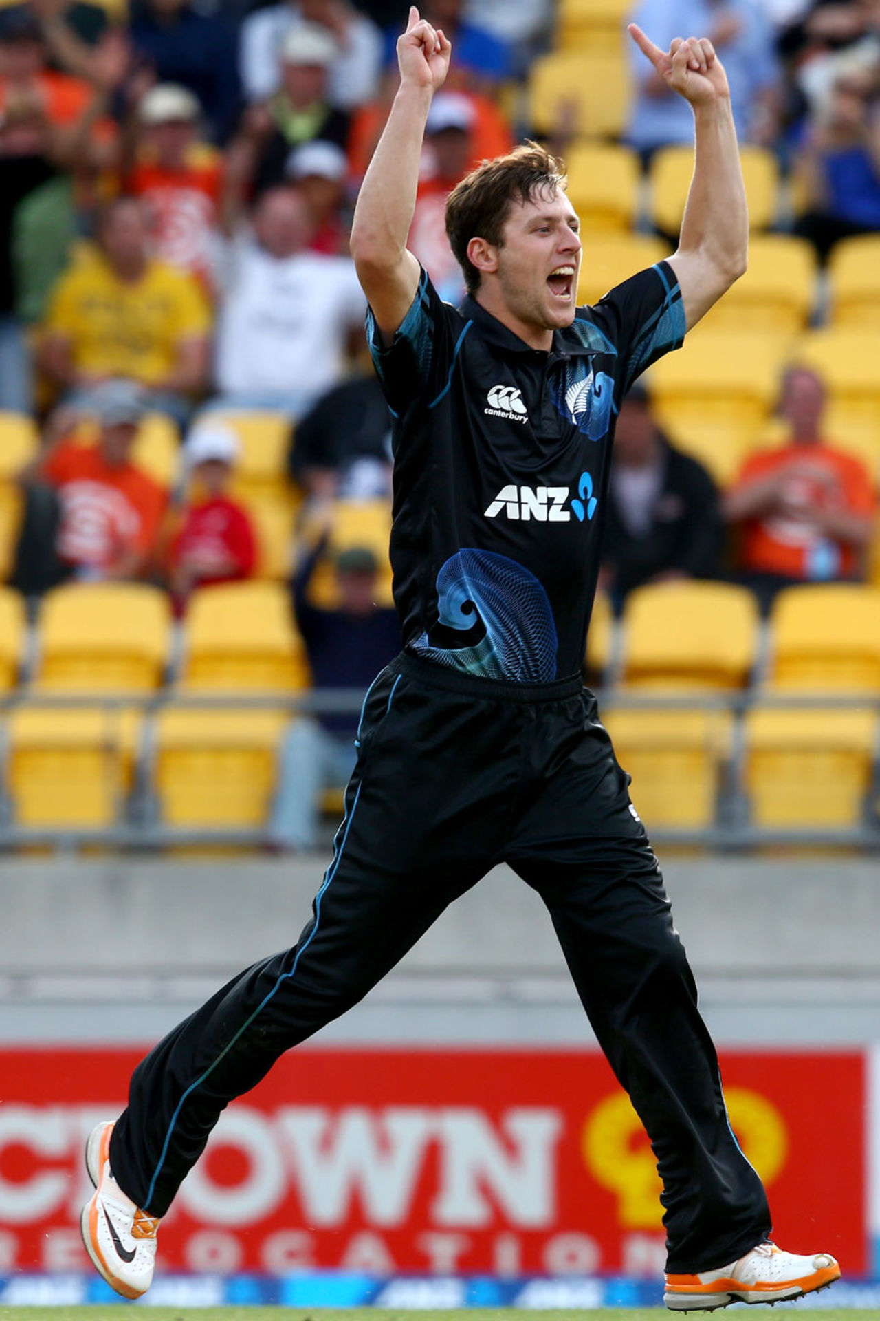 Matt Henry celebrates the fall of a wicket, New Zealand v India, 5th ODI, ton, January 31, 2014