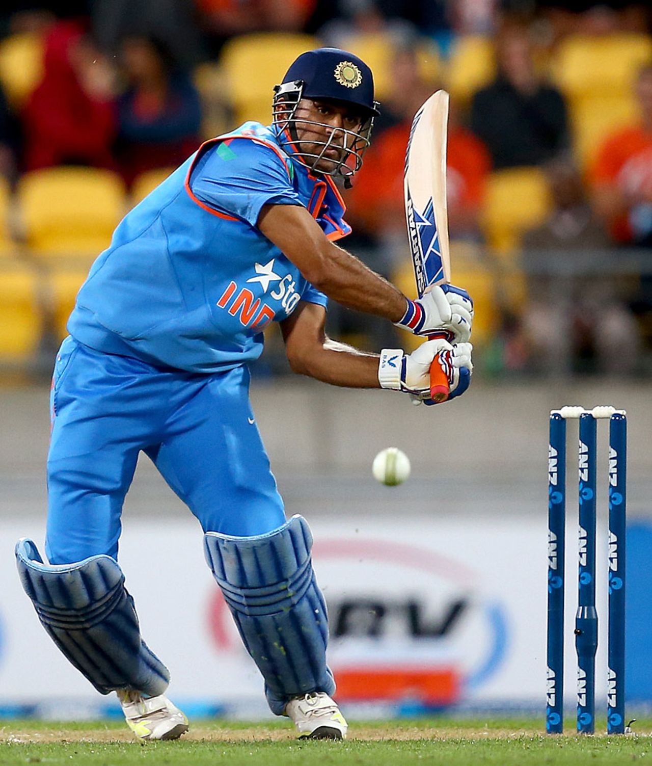 MS Dhoni tries to force it through the leg side, New Zealand v India, 5th ODI, Wellington, January 31, 2014