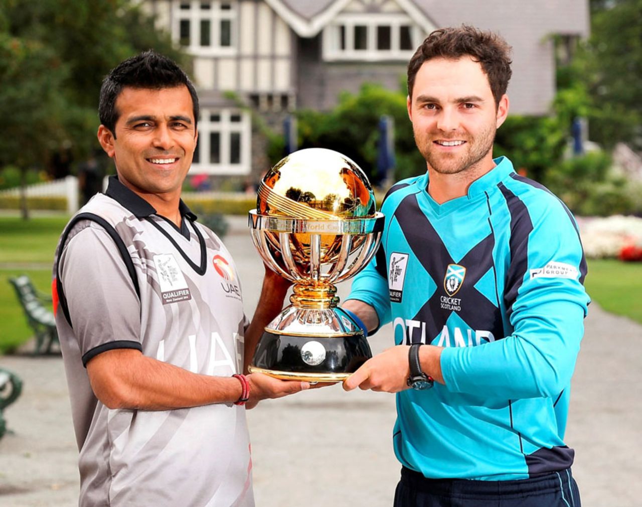 Khurram Khan and Preston Mommsen with the World Cup 2015 Qualifier Trophy on the eve of the final, Scotland v UAE, Cricket World Cup Qualifier, final, Lincoln, February 1, 2014