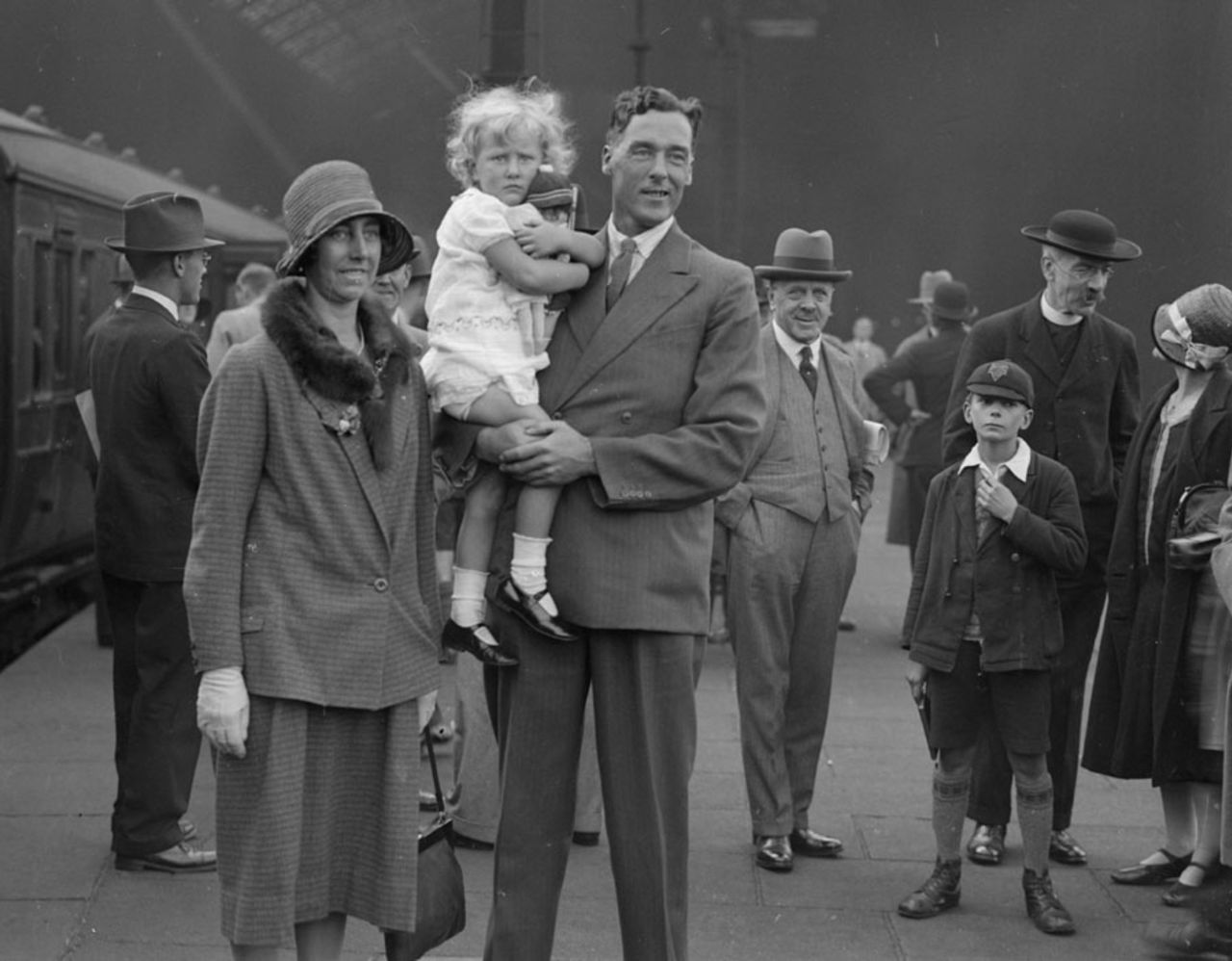 Frank Woolley with his wife and daughter  as he sets off on tour to New Zealand, St Pancras Station, London, September 29, 1929