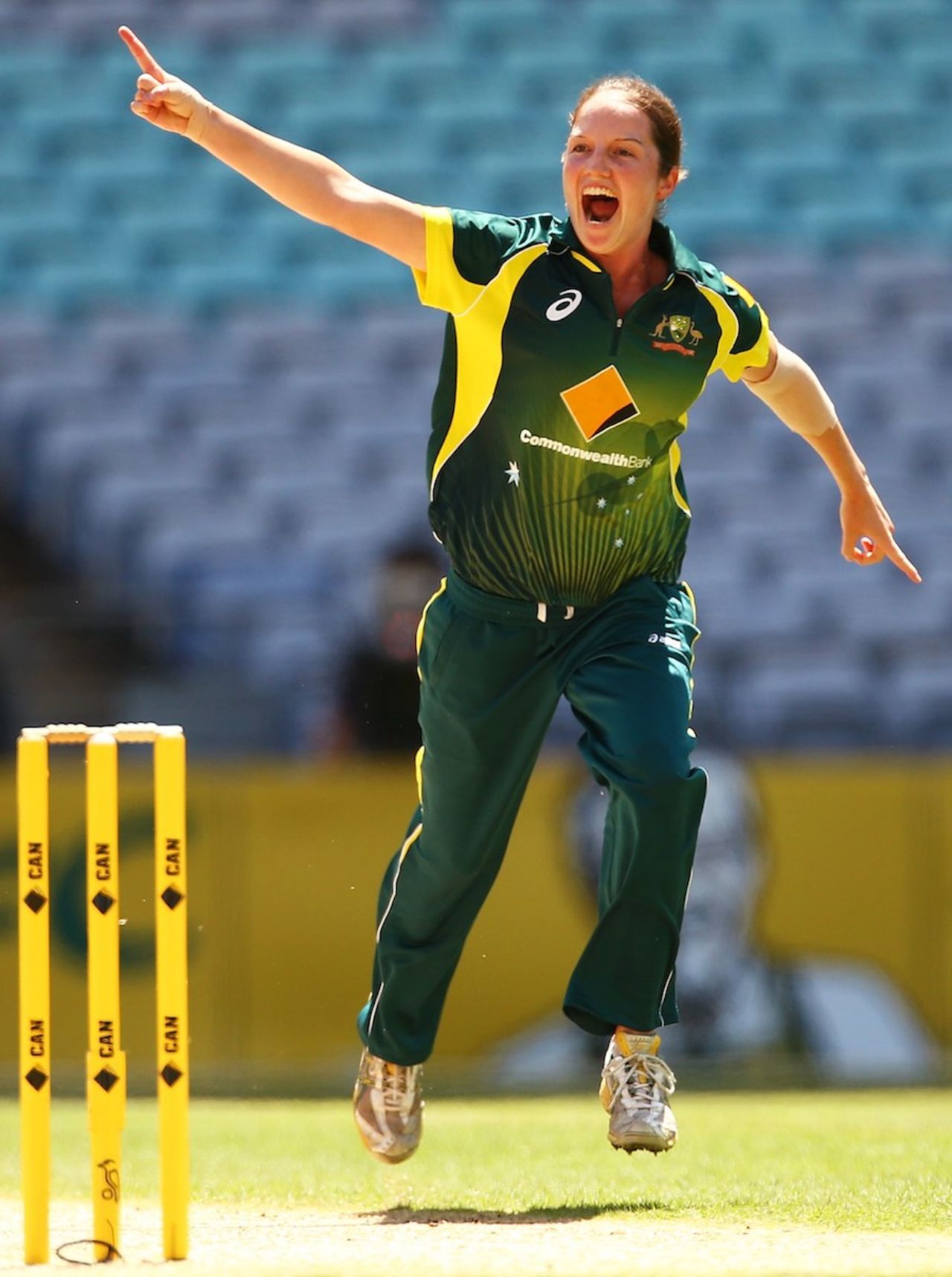 Rene Farrell celebrates one of her four wickets, Australia v England, 3rd women's T20, Stadium Australia, Sydney, February 2, 2014