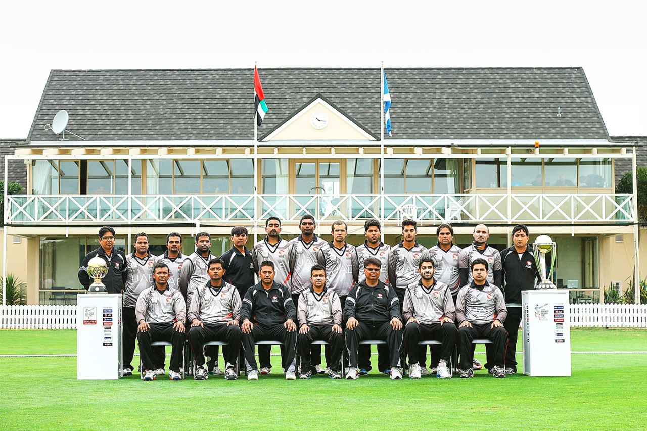 The UAE players pose for a team photograph, Scotland v UAE, World Cup Qualifier, Final, Lincoln, February 1, 2014