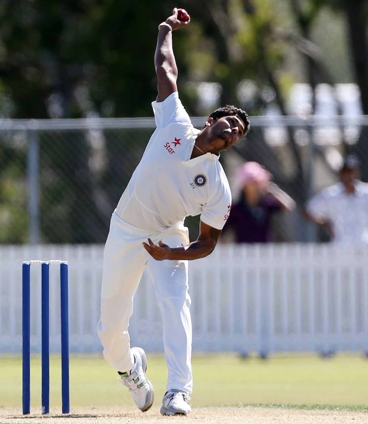 Umesh Yadav bowls during the tour game, New Zealand XI v Indians, Whangarei, 1st day, February 2, 2014