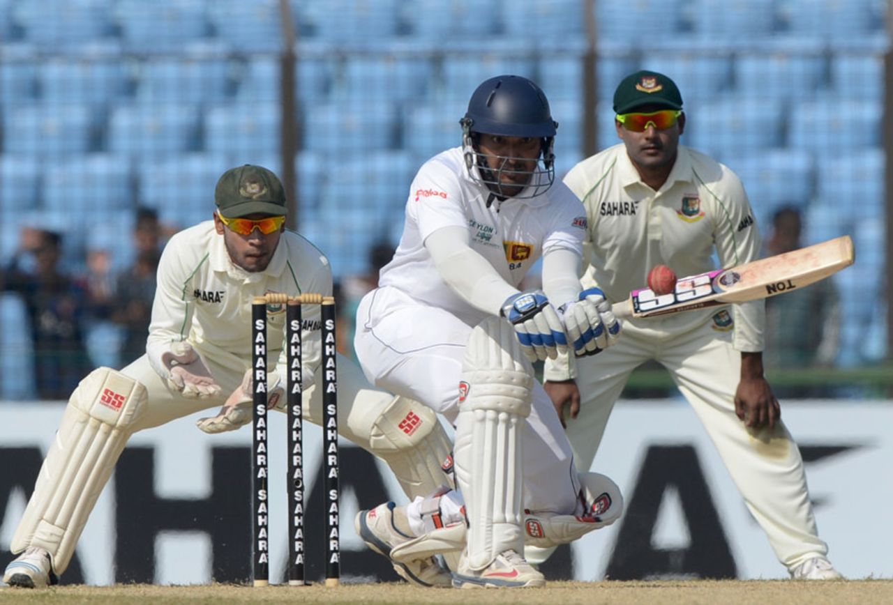 Kumar Sangakkara shapes to play the sweep, Bangladesh v Sri Lanka, 2nd Test, Chittagong, 1st day, February 4, 2014