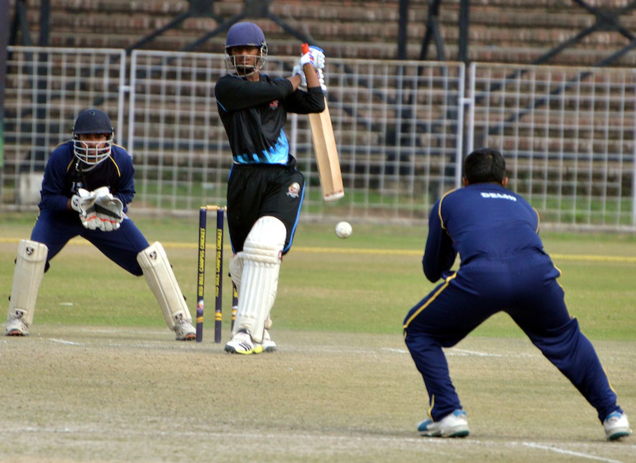 Jain University's top-scorer Dinesh Borwankar mishits a ball, Jain University Bangalore v RLA College Delhi, Red Bull Campus Cricket 2014, Chandigarh, February 4, 2014
