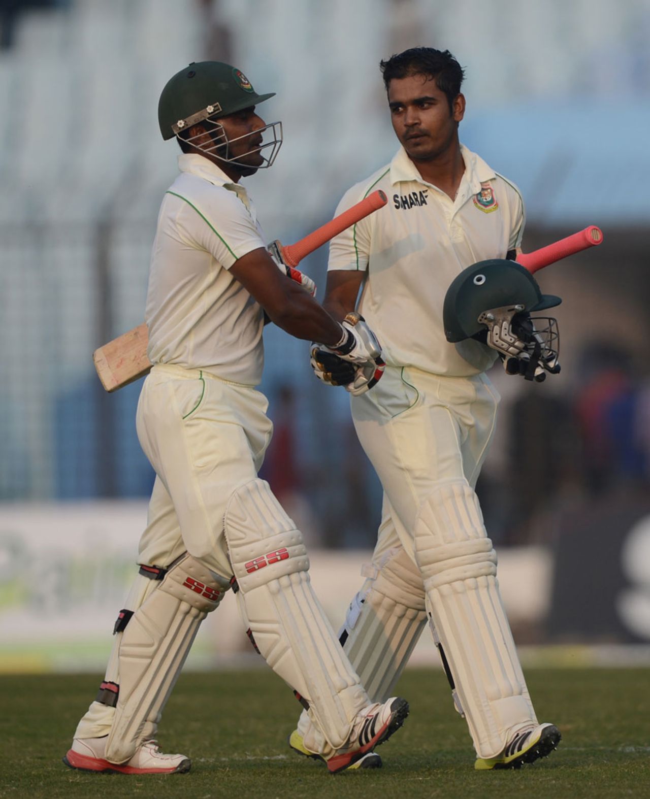 Shamsur Rahman and Imrul Kayes walk off the field, Bangladesh v Sri Lanka, 2nd Test, Chittagong, 2nd day, February 5, 2014