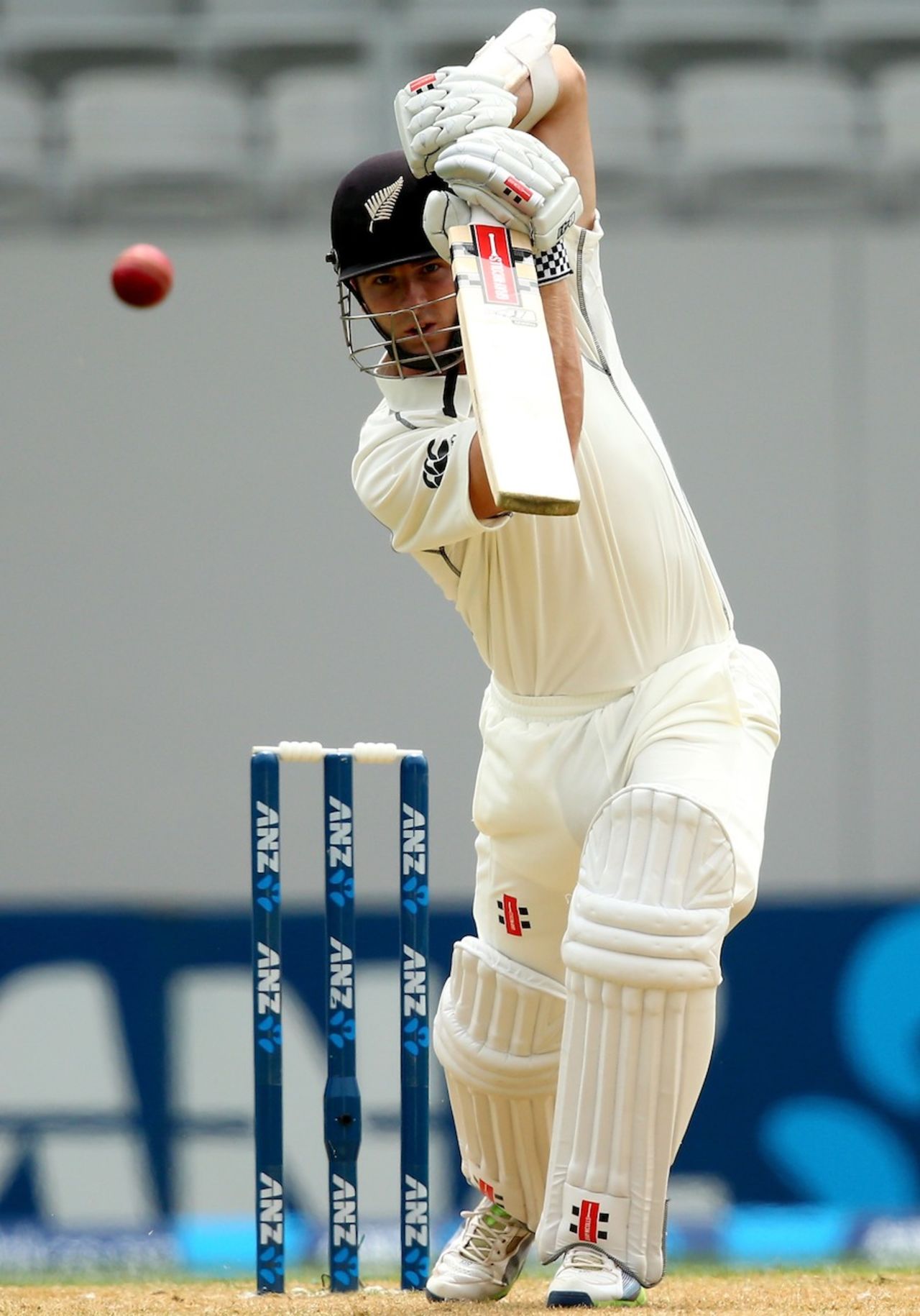 Kane Williamson drives straight, New Zealand v India, 1st Test, Auckland, 1st day, February 6, 2014