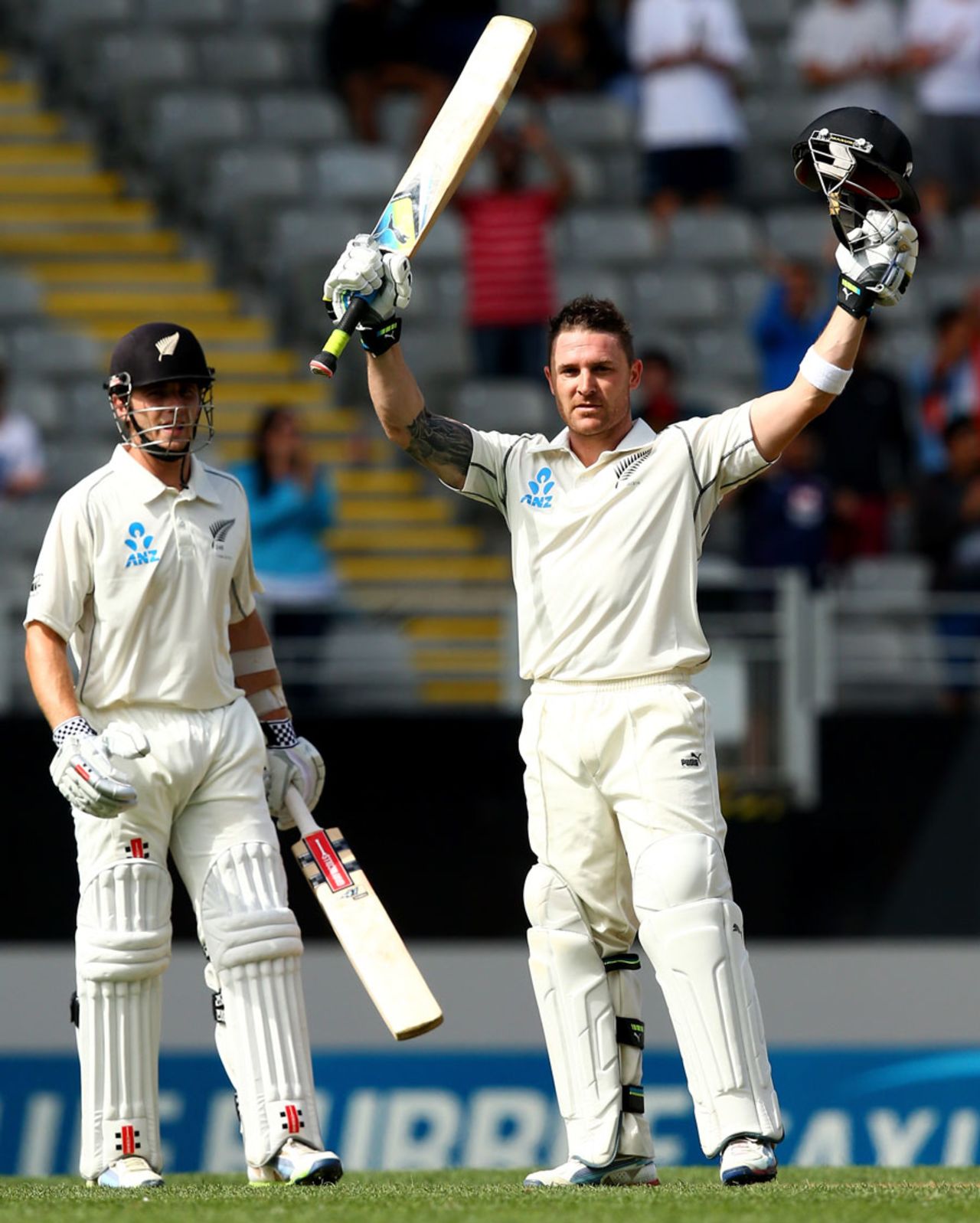 Brendon McCullum celebrates his century, New Zealand v India, 1st Test, Auckland, 1st day, February 6, 2014