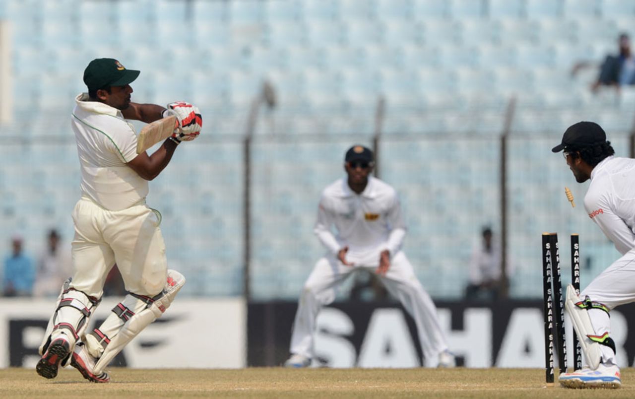 Imrul Kayes is bowled after charging down the track, Bangladesh v Sri Lanka, 2nd Test, Chittagong, 3rd day, February 6, 2014