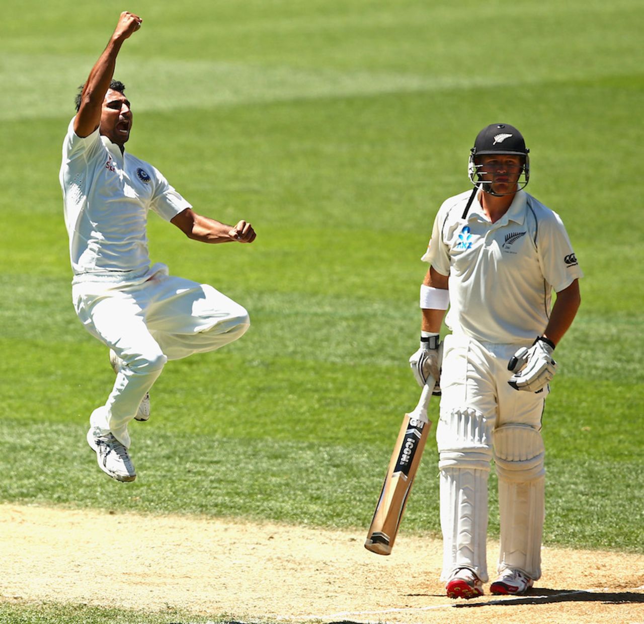 Mohammed Shami leaps after dismissing Corey Anderson, New Zealand v India, 1st Test, Auckland, 3rd day, February 8, 2014