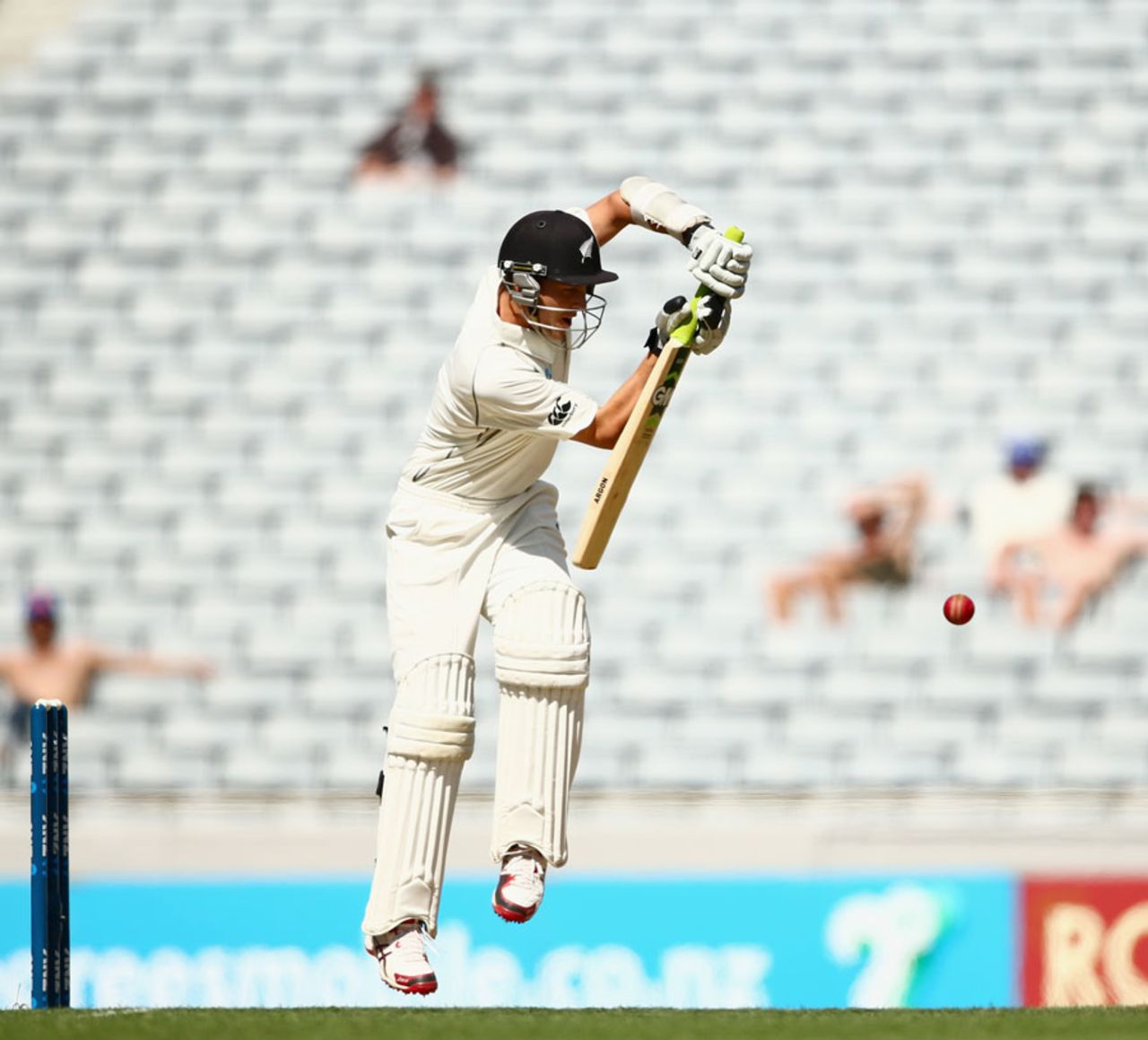 Trent Boult defends off his toes, New Zealand v India, 1st Test, Auckland, 3rd day, February 8, 2014