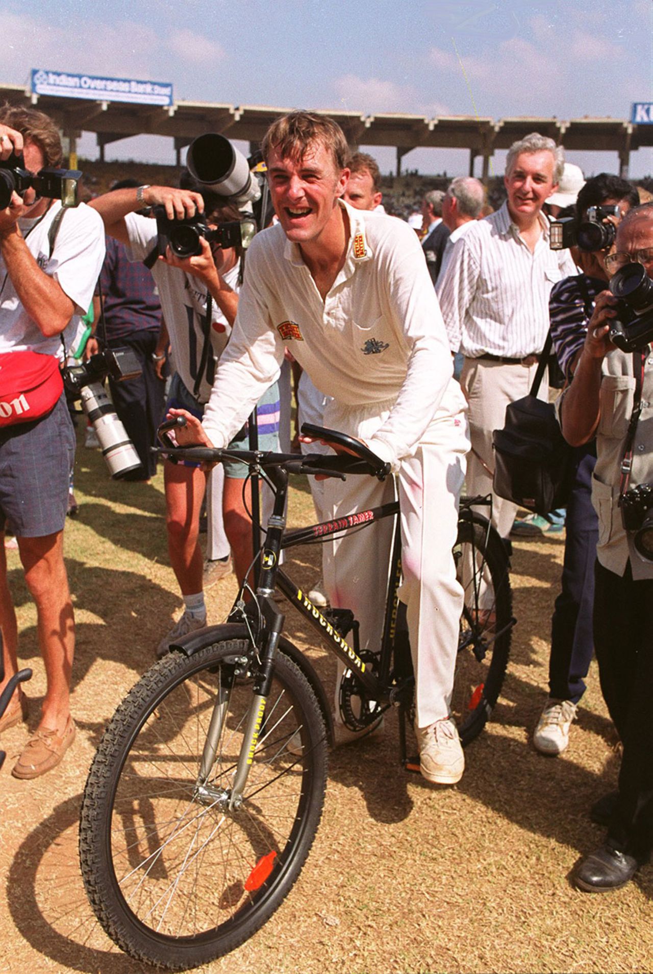 Phil Tufnell rides a bike at the end of the Test, India v England, 2nd Test, Chennai, 5th day, February 15, 1993