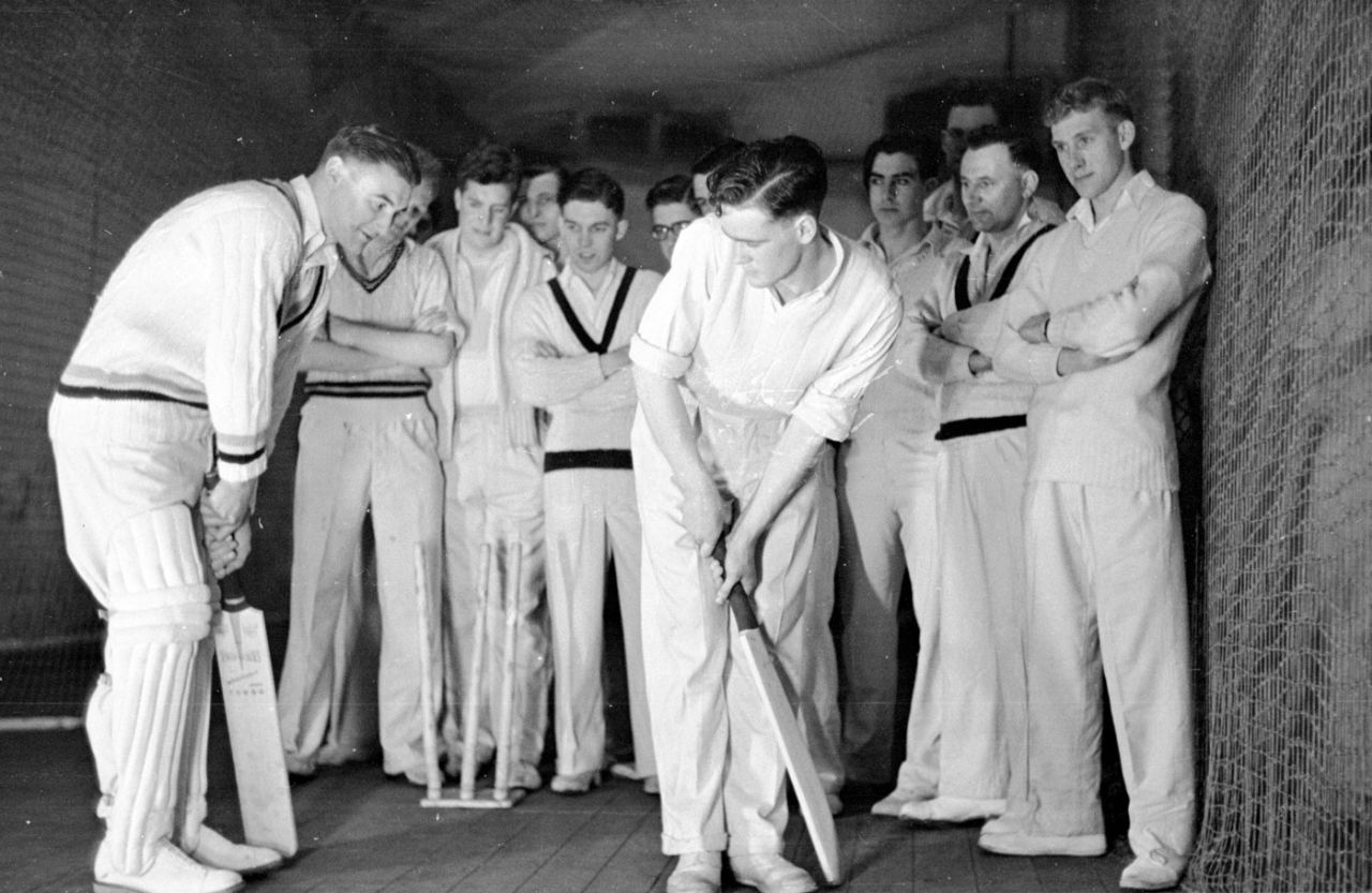Gerald Smithson (left) and Brian Close display their batting stances at a cricket school at Headingley, April 16, 1949