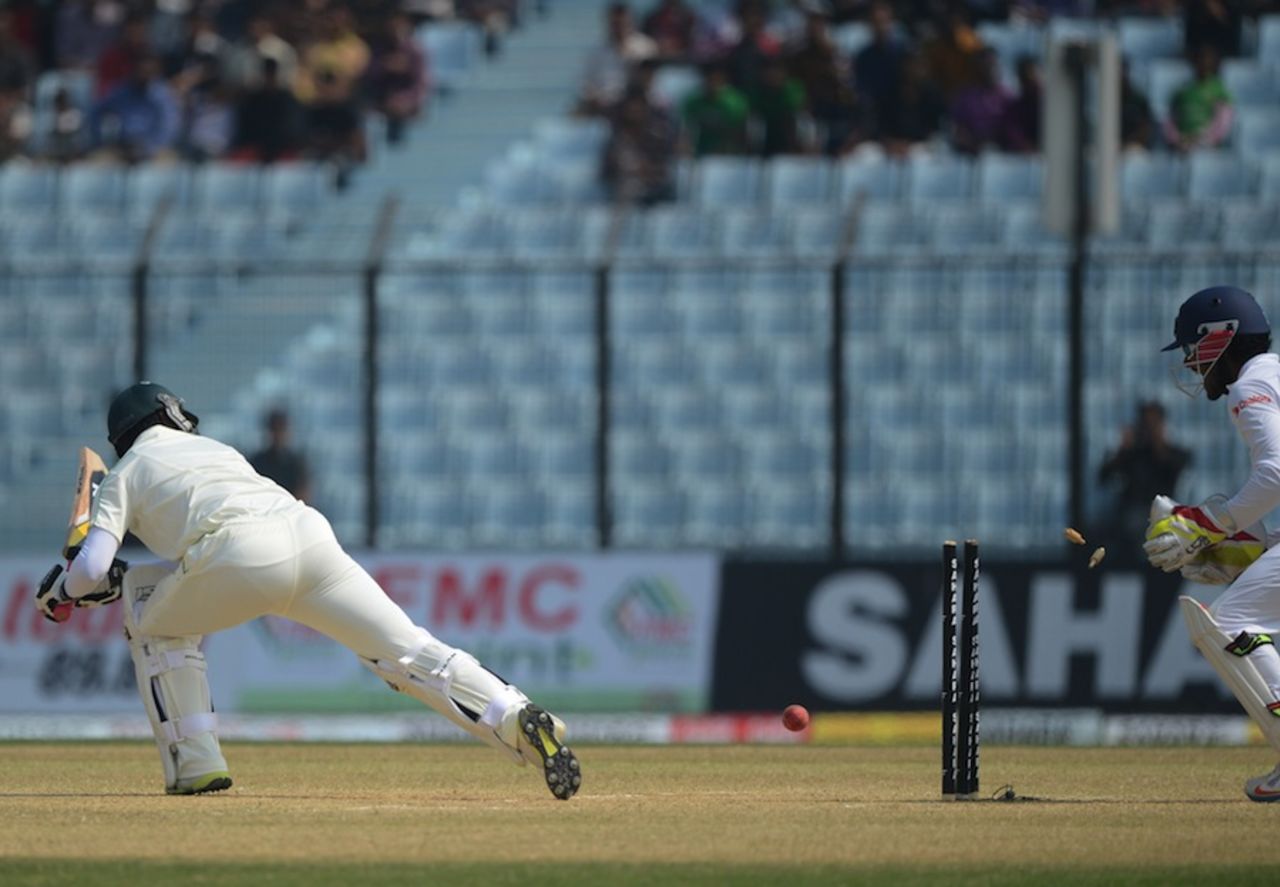 Shamsur Rahman got an inside edge onto his stumps, Bangladesh v Sri Lanka, 2nd Test, Chittagong, 5th day, February 8, 2014
