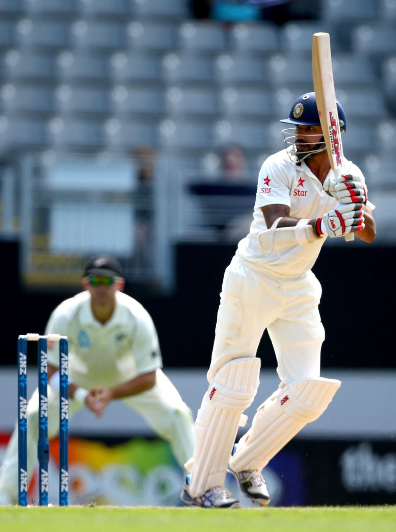 Shikhar Dhawan whips into the leg side, New Zealand v India, 1st Test, Auckland, 4th day, February 9, 2014