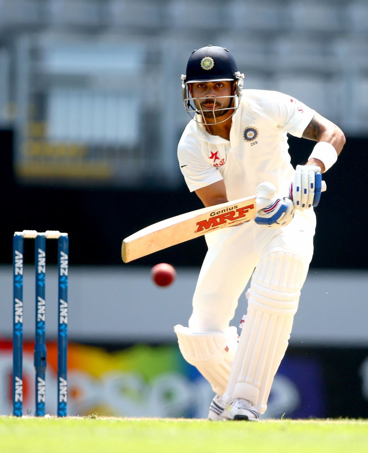 Virat Kohli nudges down the ground, New Zealand v India, 1st Test, Auckland, 4th day, February 9, 2014