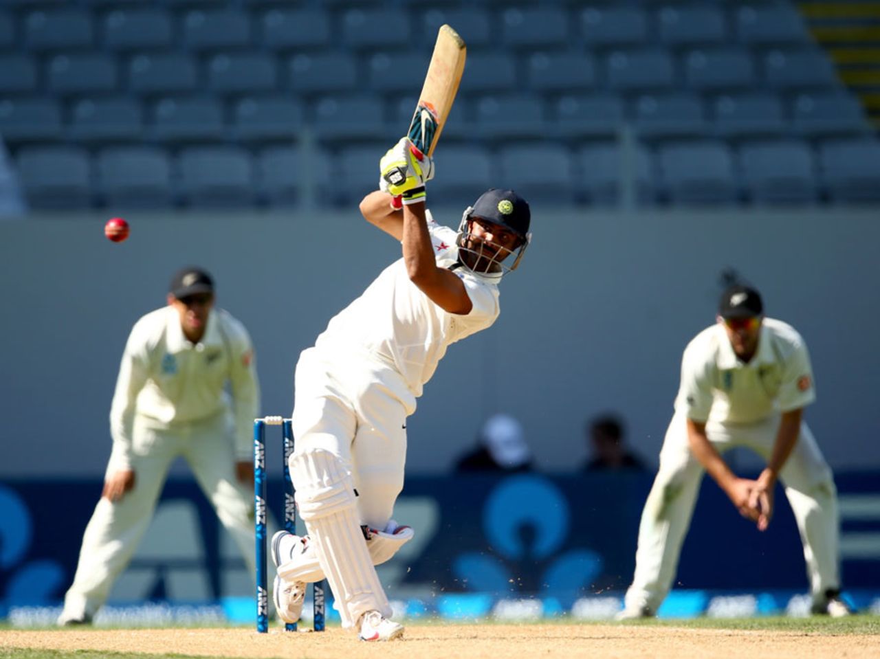 Ravindra Jadeja hits over the top, New Zealand v India, 1st Test, Auckland, 4th day, February 9, 2014