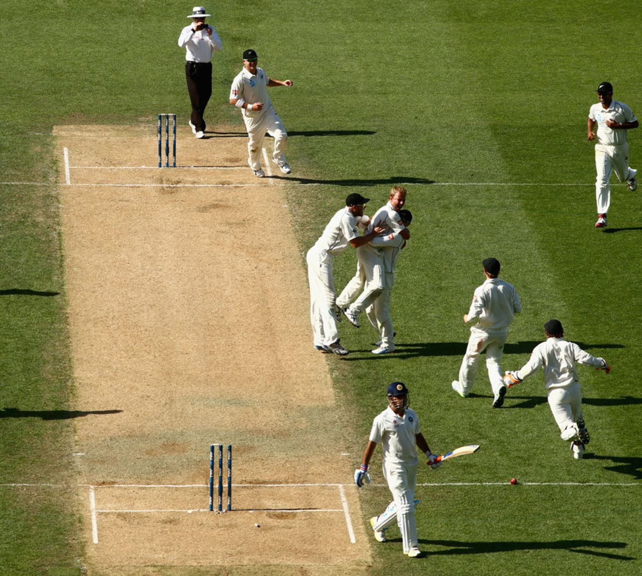 MS Dhoni's wicket brought about wild celebrations, New Zealand v India, 1st Test, Auckland, 4th day, February 9, 2014