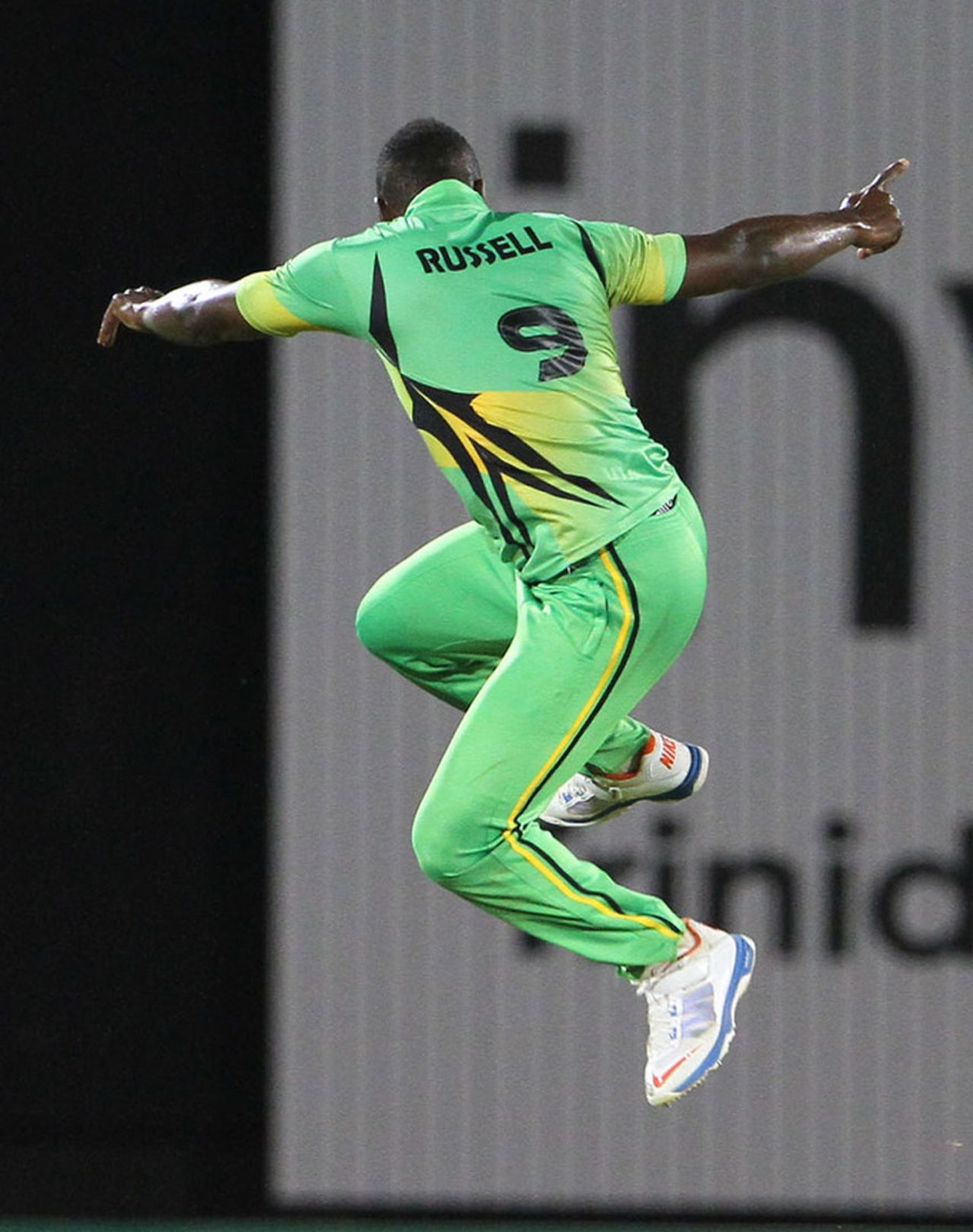 Andre Russell leaps off his feet after taking a wicket, Jamaica v Guyana, Nagico Super50, Zone A, Port of Spain, February 8, 2014