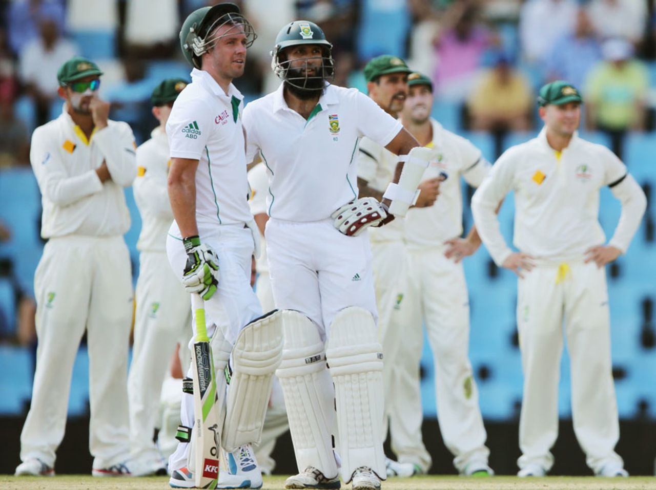 AB de Villiers and Hashim Amla wait for a review verdict, South Africa v Australia, 1st Test, Centurion, 2nd day, February 13, 2014