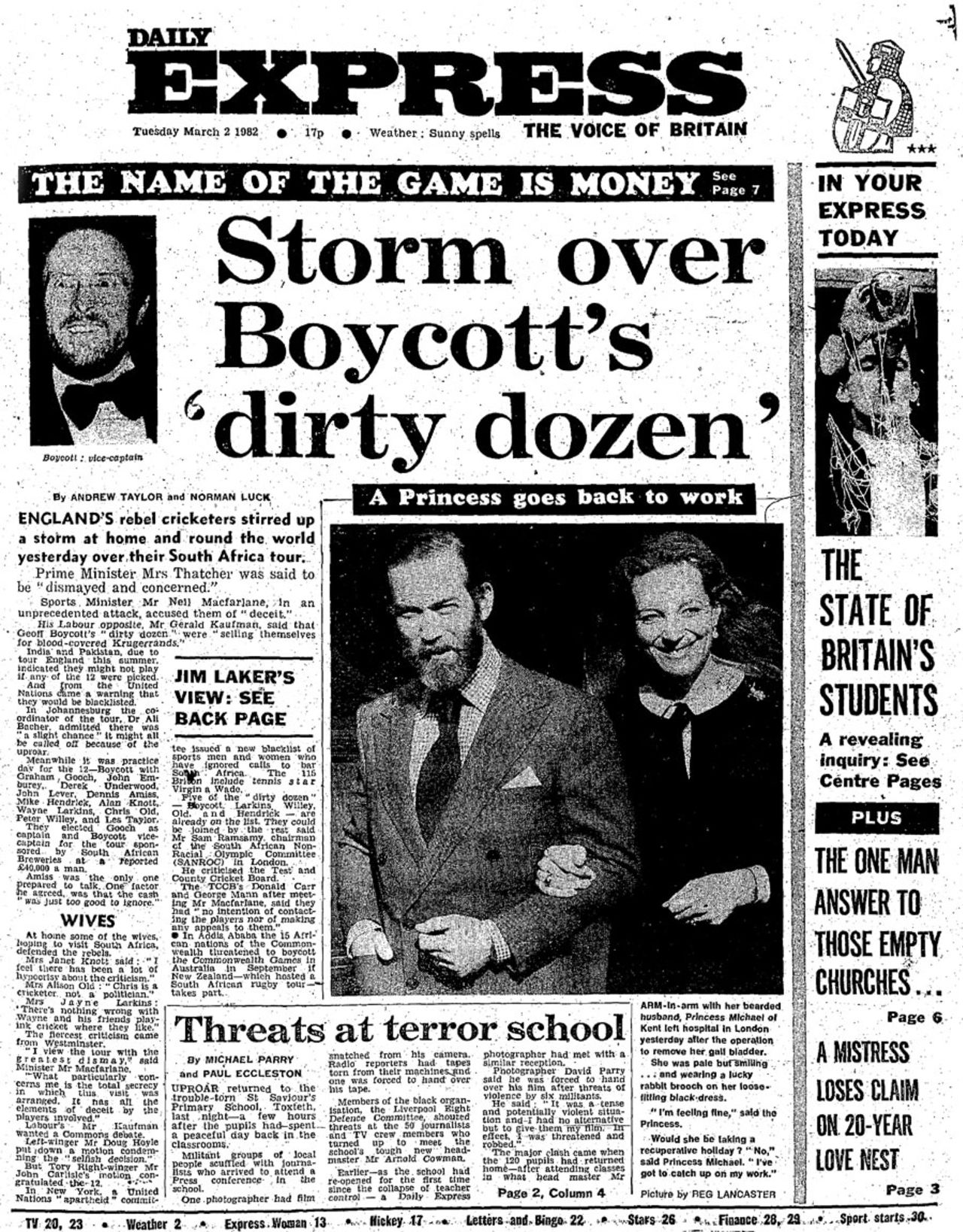 News breaks of the 1982 England rebel tour of South Africa, February 28, 1982