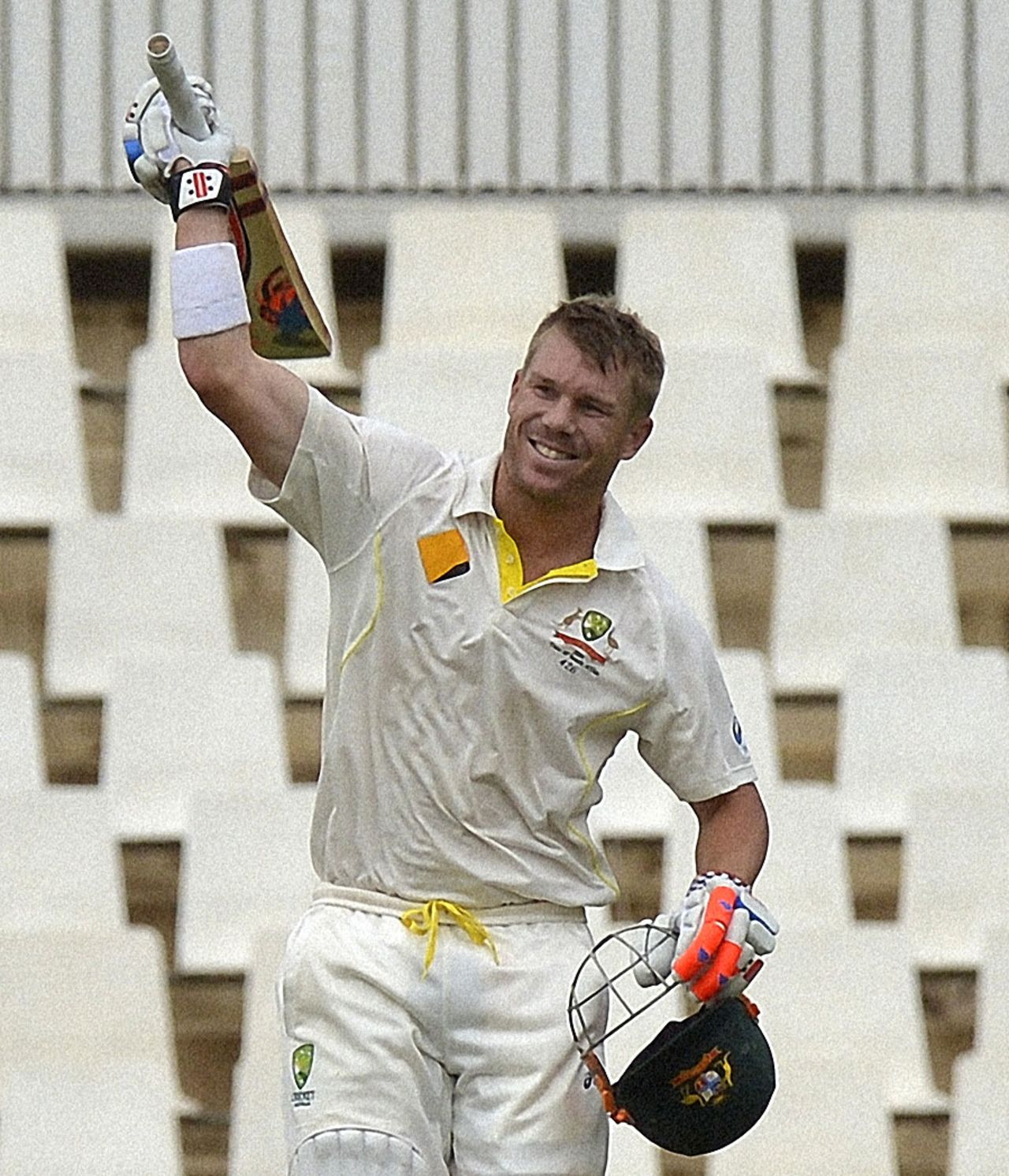 David Warner celebrates his sixth Test hundred, South Africa v Australia, 1st Test, Centurion Park, 3rd day, February 14, 2014