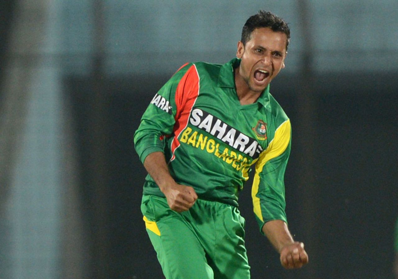 Left-arm spinner Arafat Sunny celebrates a wicket, Bangladesh v Sri Lanka, 2nd T20I, Chittagong, February 14, 2014