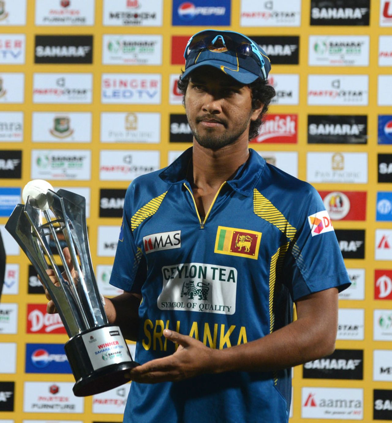 Sri Lanka captain Dinesh Chandimal with the series trophy, Bangladesh v Sri Lanka, 2nd T20I, Chittagong, February 14, 2014